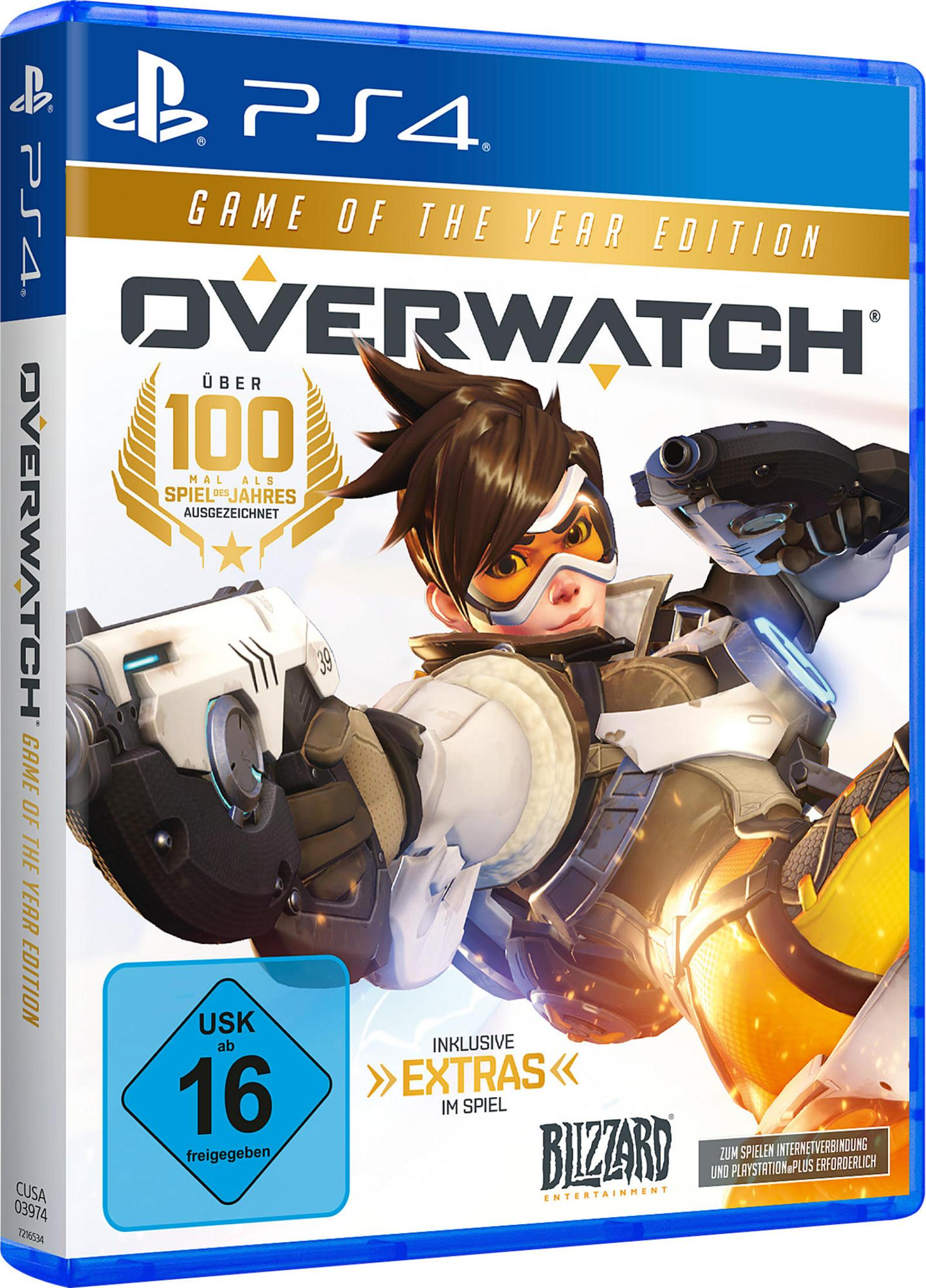 PS4-Spielhülle: Overwatch. Tracer ist die Hauptfigur auf einem hellen, dynamischen Cover.
