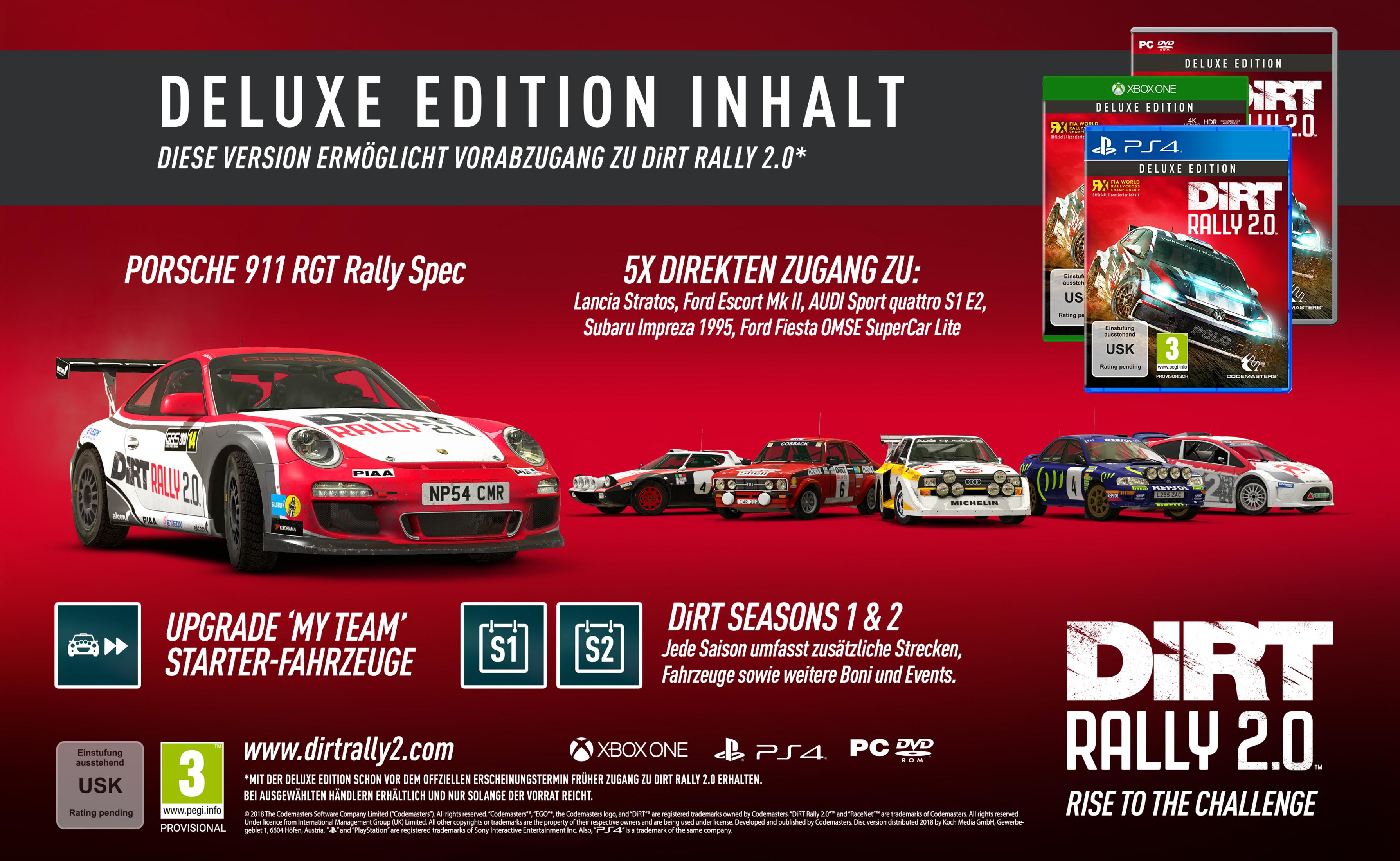 Dirt Rally 2.0 Deluxe Edition Werbung. Autos, Logos und Spielcover sind auf rotem Hintergrund sichtbar.