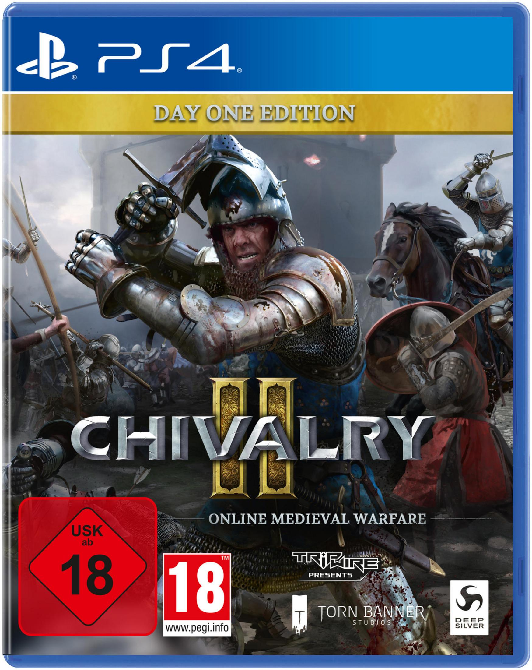 Copertina: Cavalieri in combattimento, cavalli, castello sullo sfondo, custodia PS4 blu, titolo 'Chivalry II'.