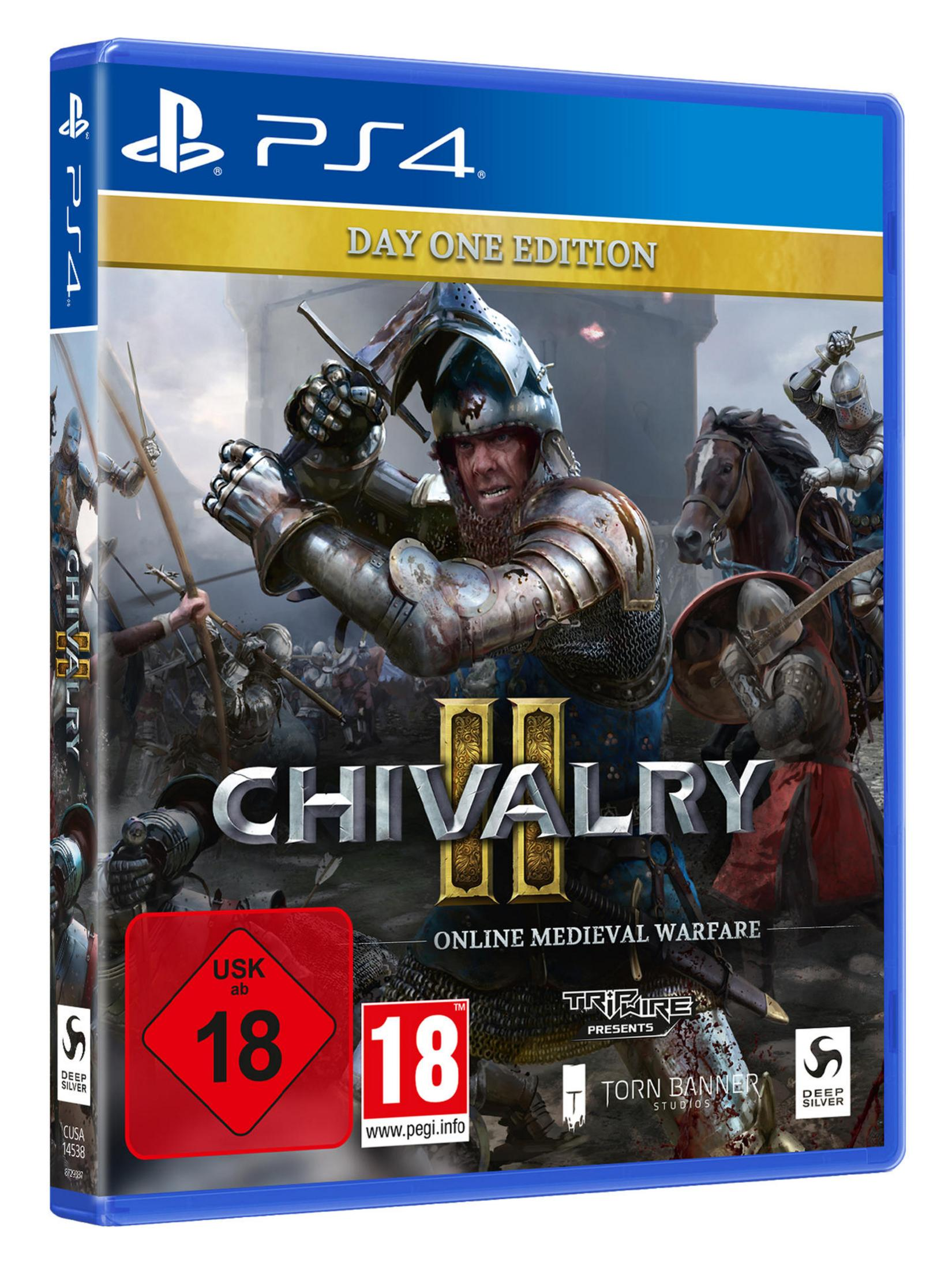 Copertina: Cavalieri che combattono con spade, cavalli, castello, custodia PS4 blu, 'Chivalry II'.