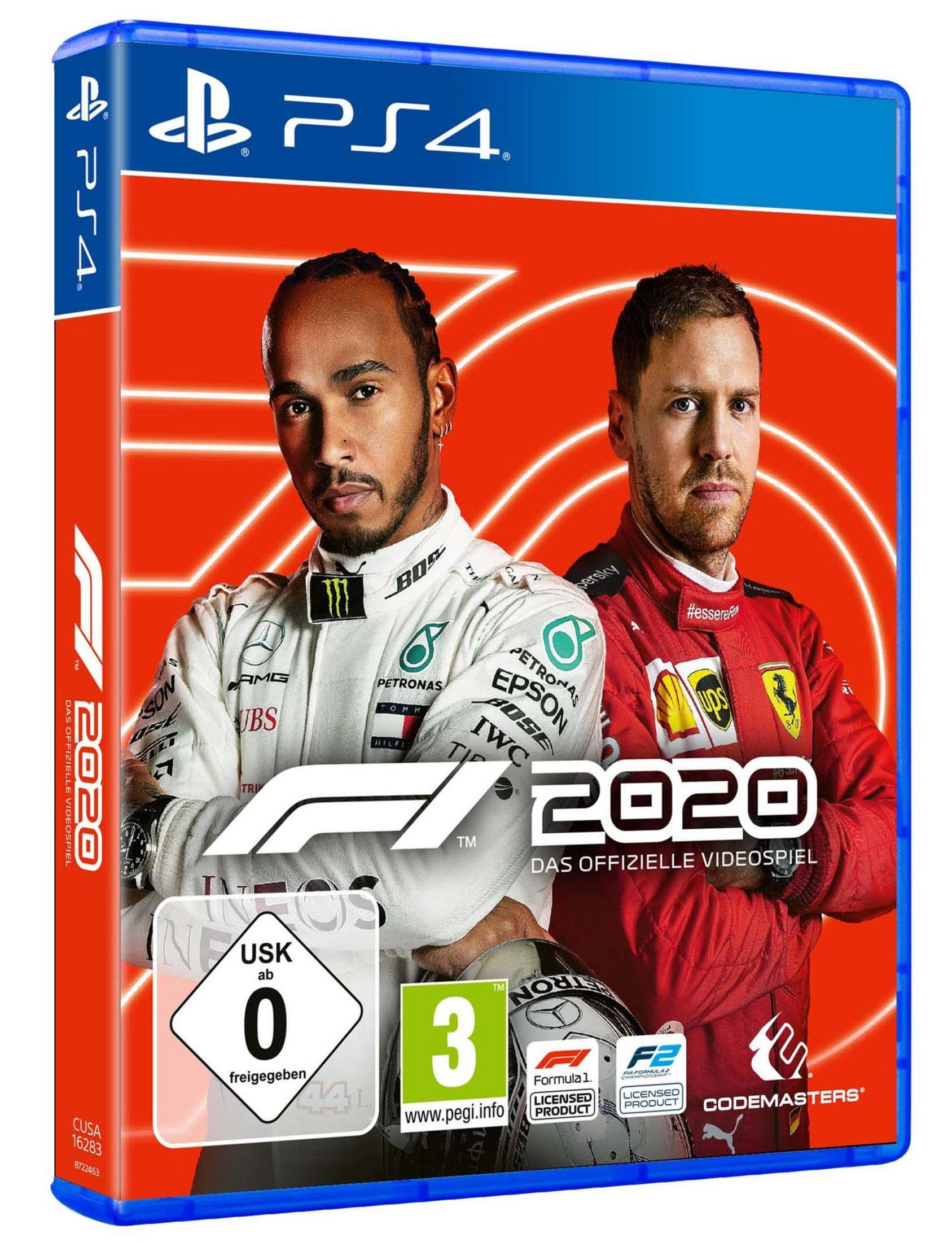 Die Box des F1 2020-Spiels für PS4. Das Cover zeigt Hamilton und Vettel.