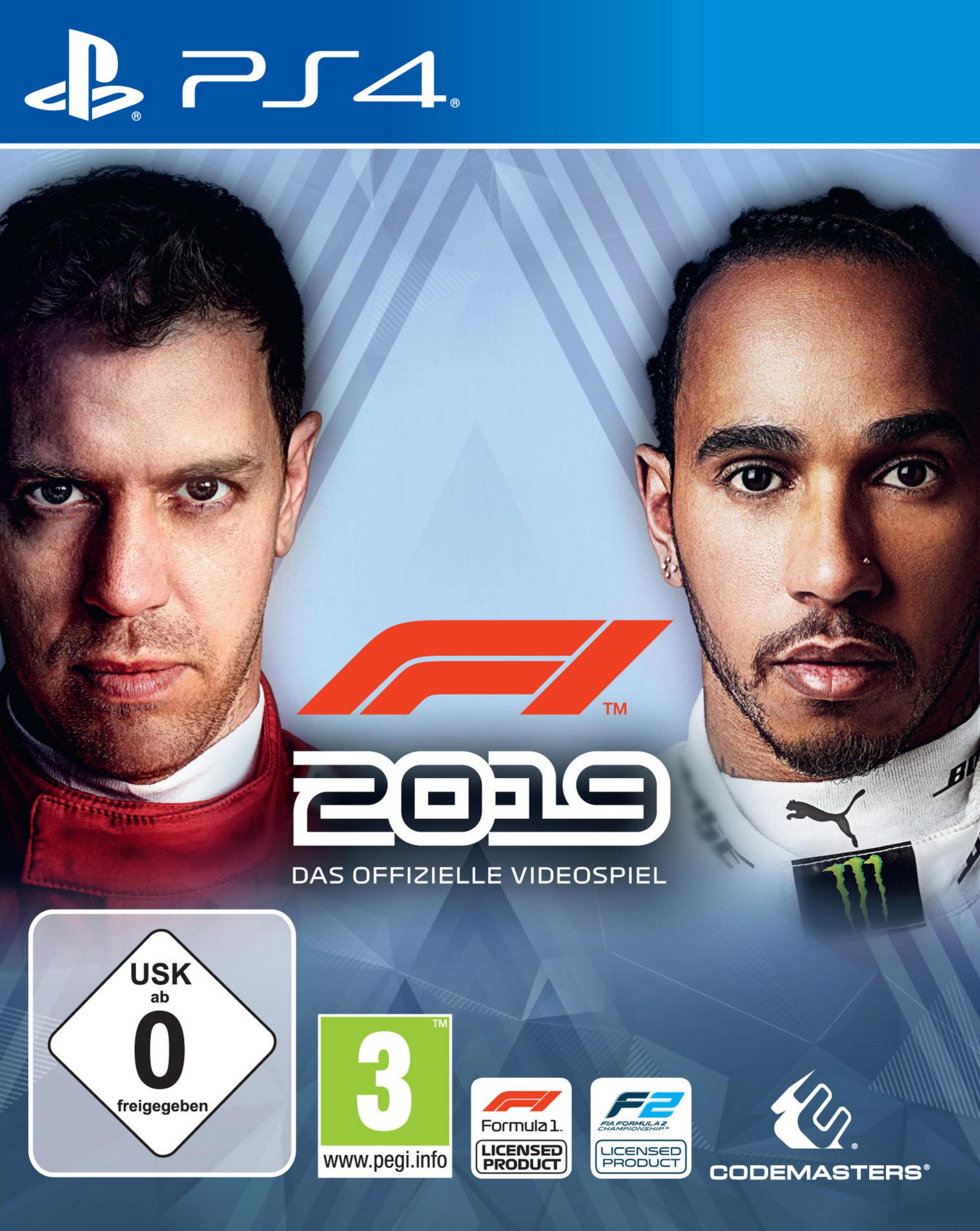 Spielcover: F1 2019 Titel mit Fahrergesichtern. Gesichter von zwei Männern sind abgebildet.