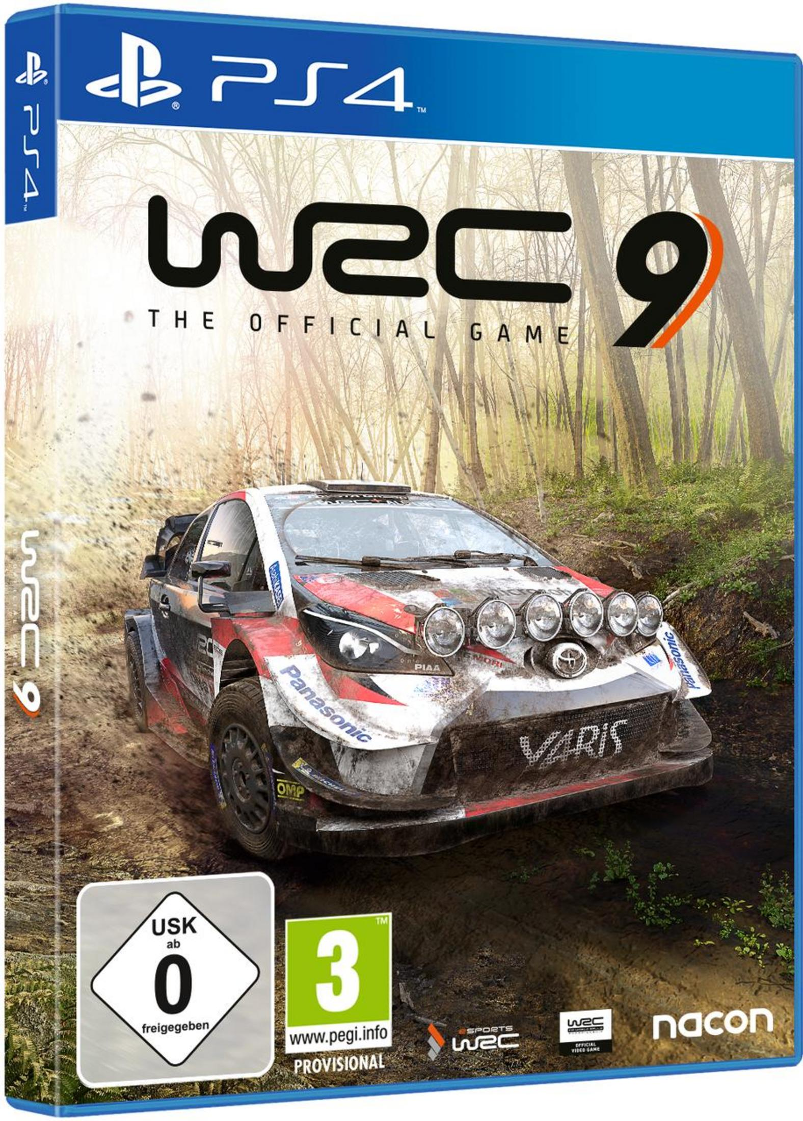 PS4-Spielverpackung, WRC 9: The Official Game, ein Auto fährt durch eine Waldszene.
