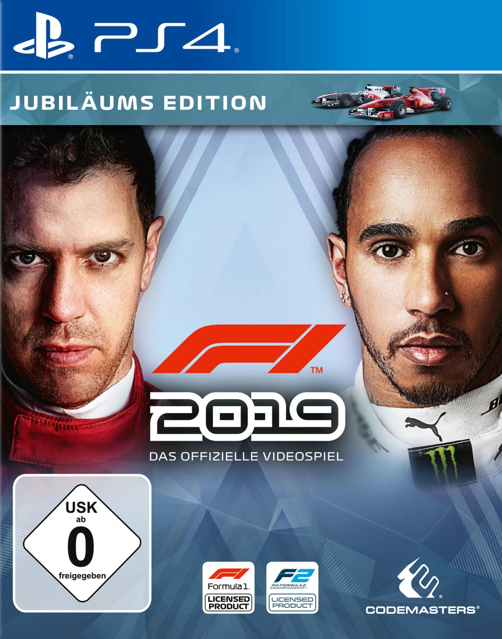 Spielbox-Art für F1 2019, mit Lewis Hamilton und Sebastian Vettel sowie dem Logo des Spiels.