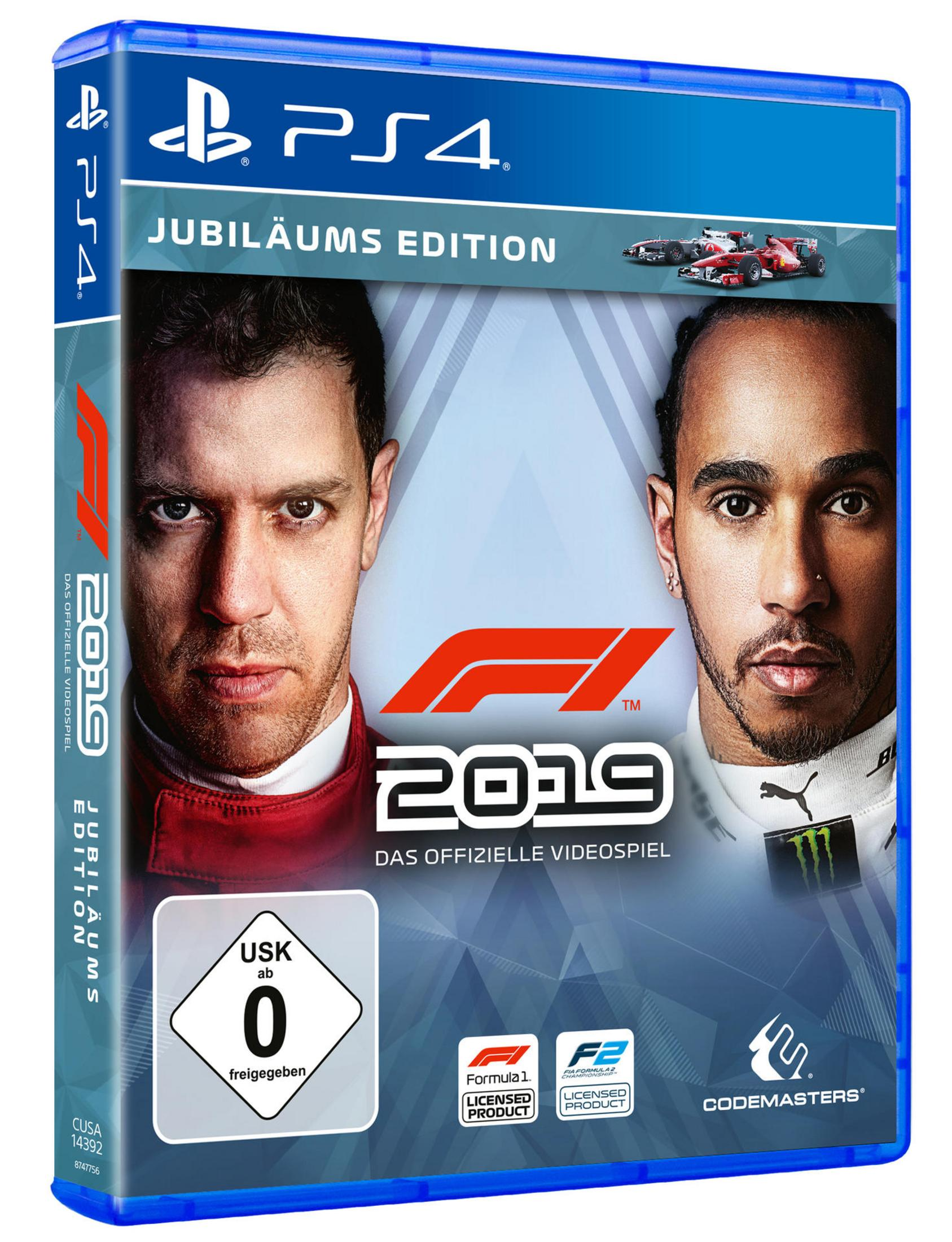 PS4-Spielcover für F1 2019, mit den Gesichtern zweier Fahrer auf dem Cover.