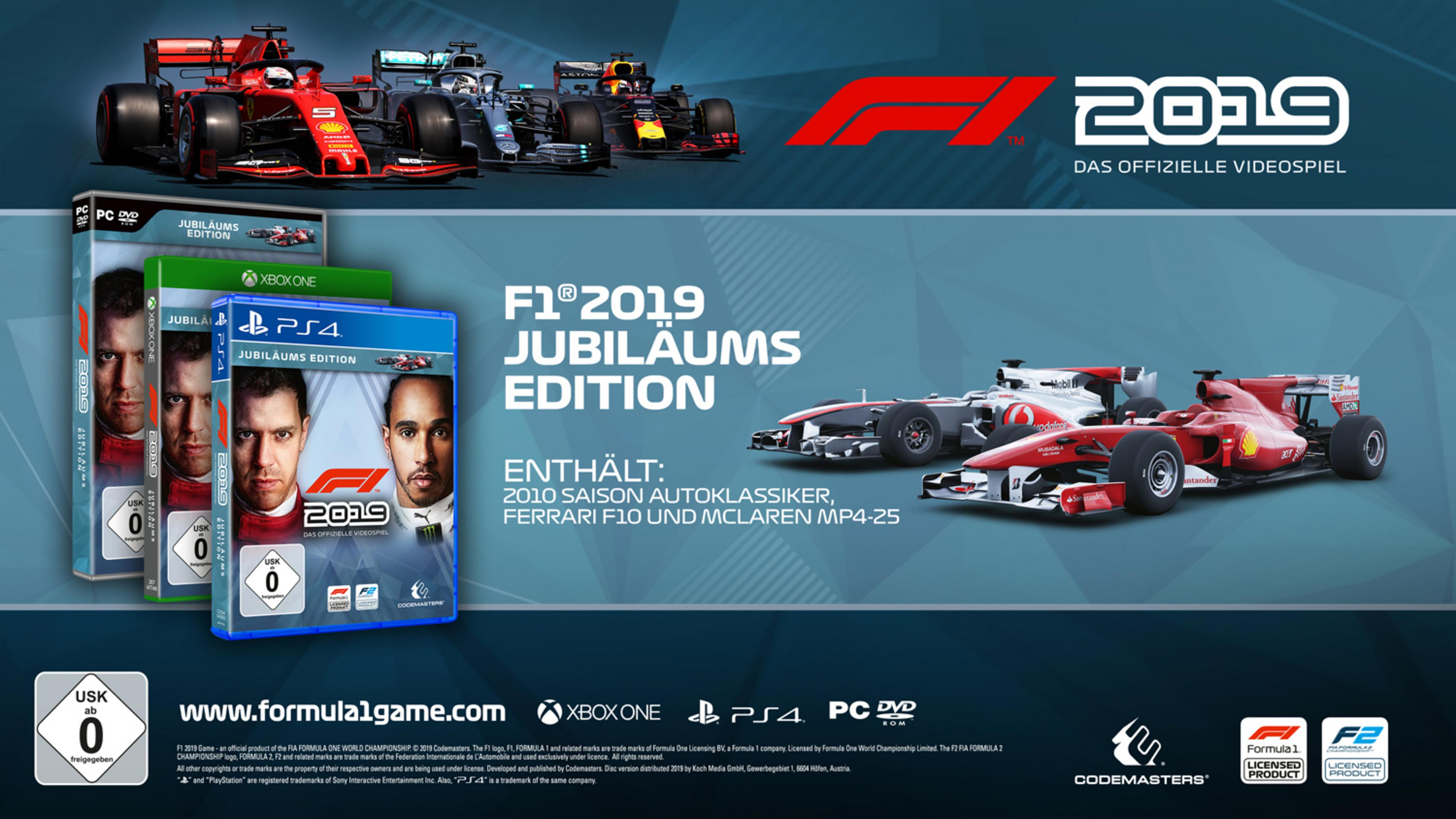 F1 2019-Spielboxen und F1-Rennwagen. Boxen zeigen Fahrer; Autos sind rot, weiß und schwarz.