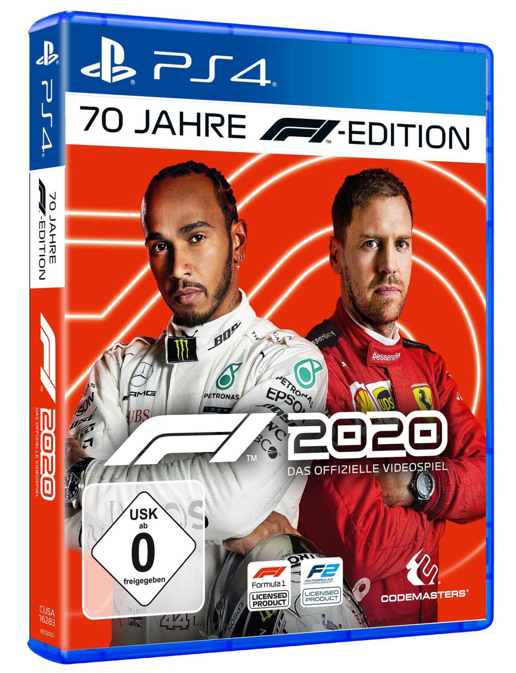 Spielhülle mit F1-Fahrern Hamilton und Vettel. Die Hülle ist rot, weiß und blau.