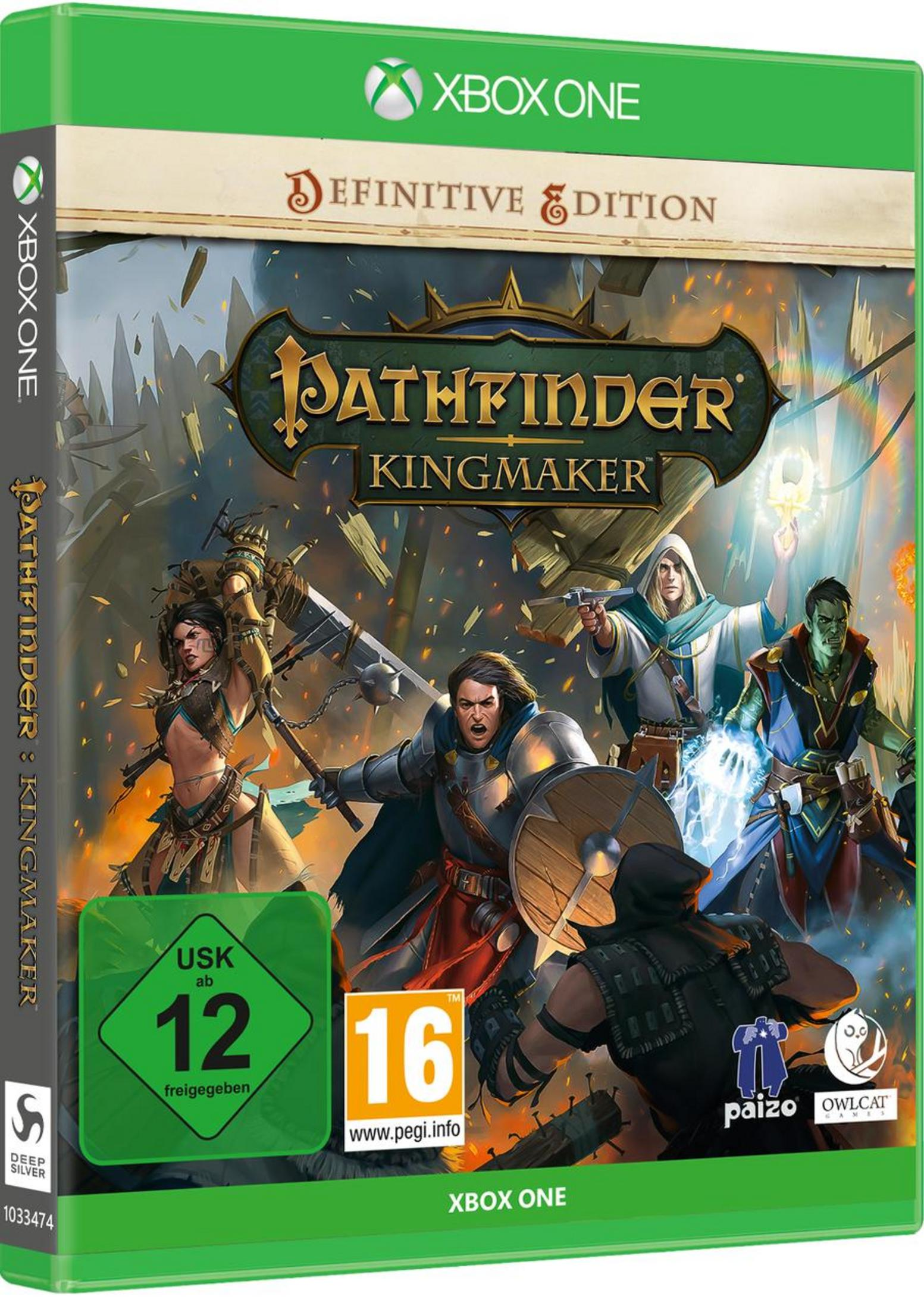 Pathfinder: Kingmaker Videospiel-Box-Art. Eine Kampfszene mit Fantasy-Charakteren.
