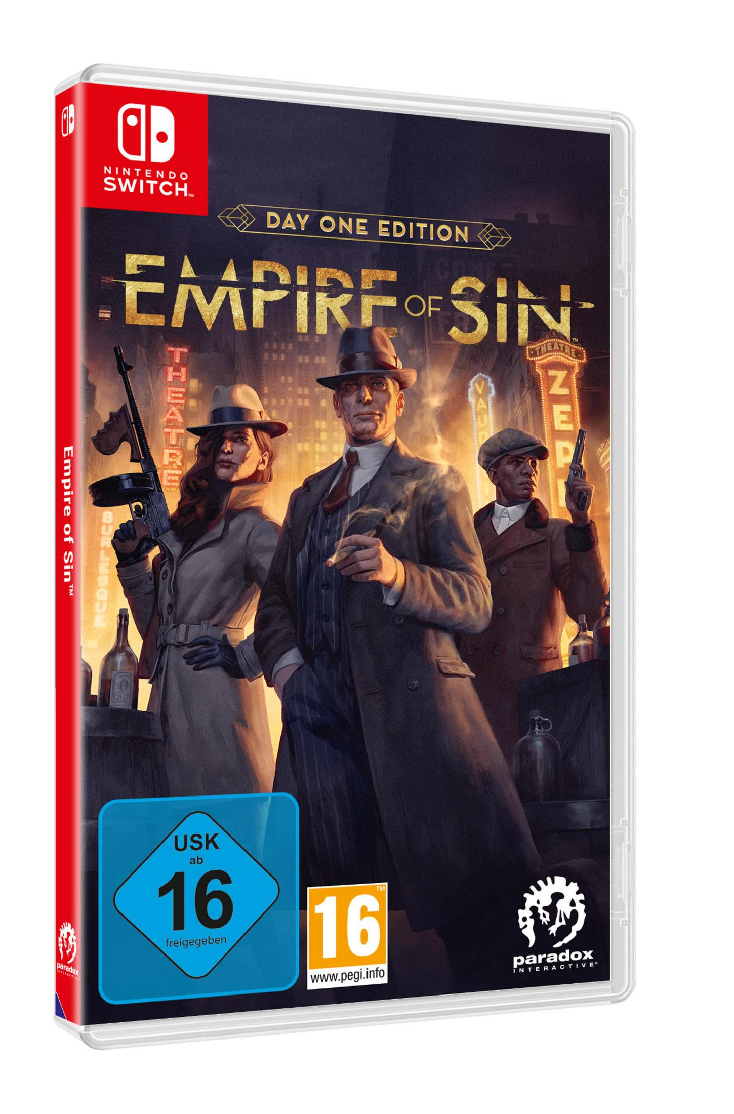 Nintendo Switch Spielbox für Empire of Sin. Zeigt drei Personen in einer Noir-Umgebung.