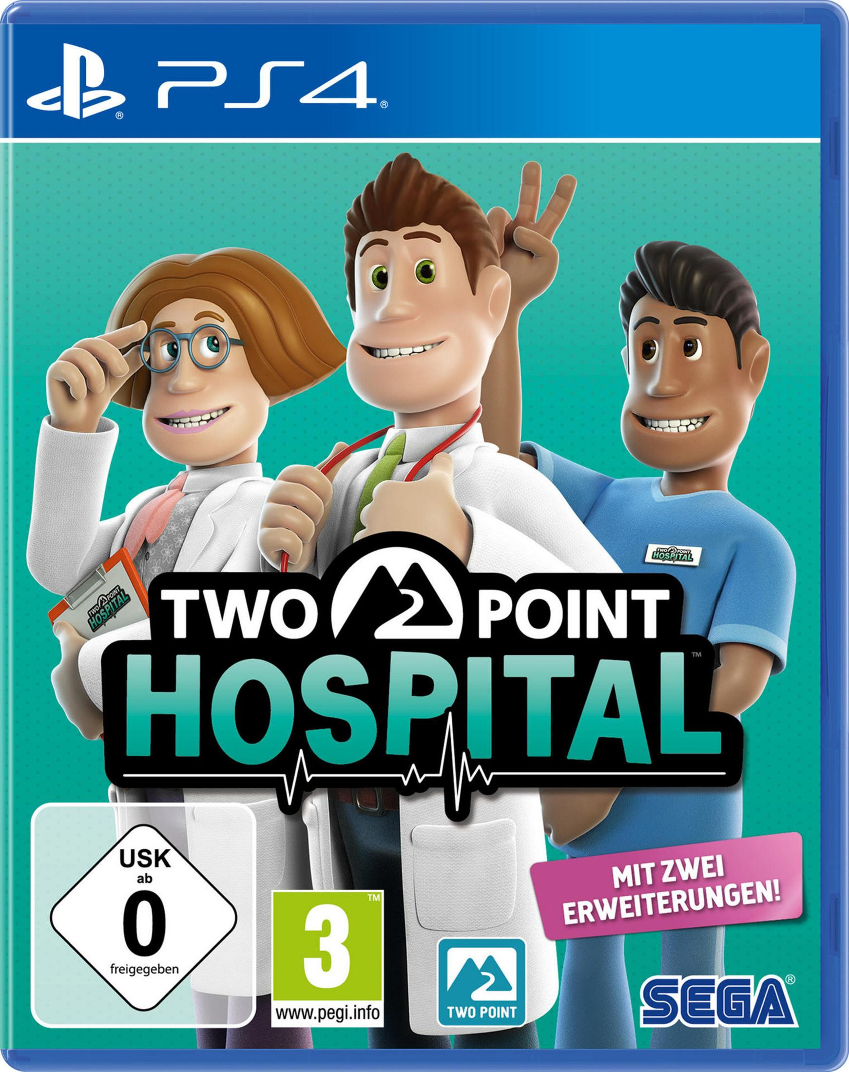 Scatola di gioco. Tre dottori dei cartoni animati. Il titolo è Two Point Hospital con battito.