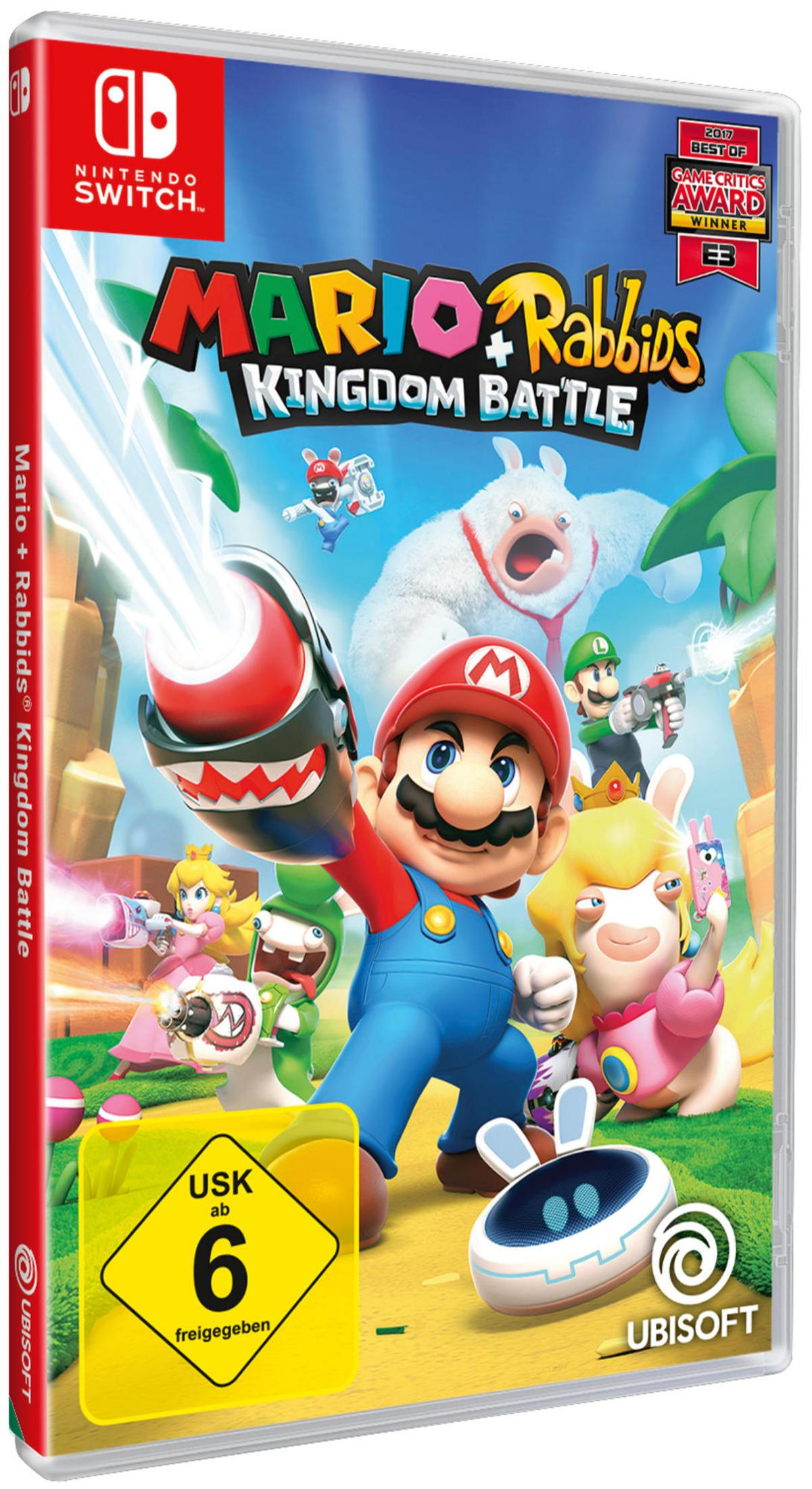 Mario-Spielbox. Mario, Rabbids und andere auf dem Cover. Grüner Hintergrund.