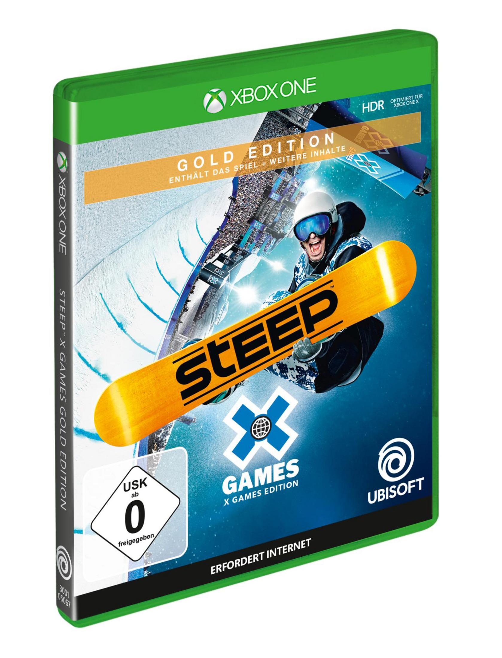 Xbox One Spielbox, grün, mit Snowboarder auf dem Cover. Das Spiel ist Steep X Games Gold Edition.