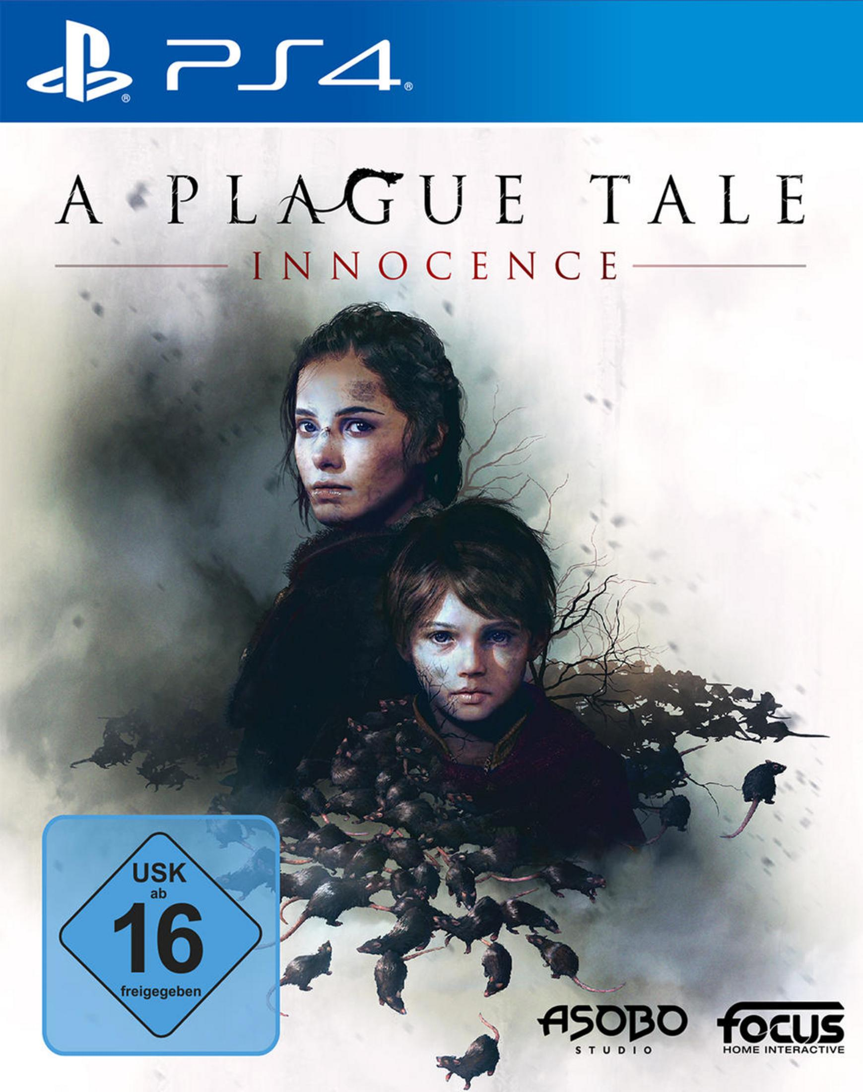 Spielcover 'A Plague Tale: Innocence' mit zwei Kindern, dunklem Thema und Ratten im Hintergrund.