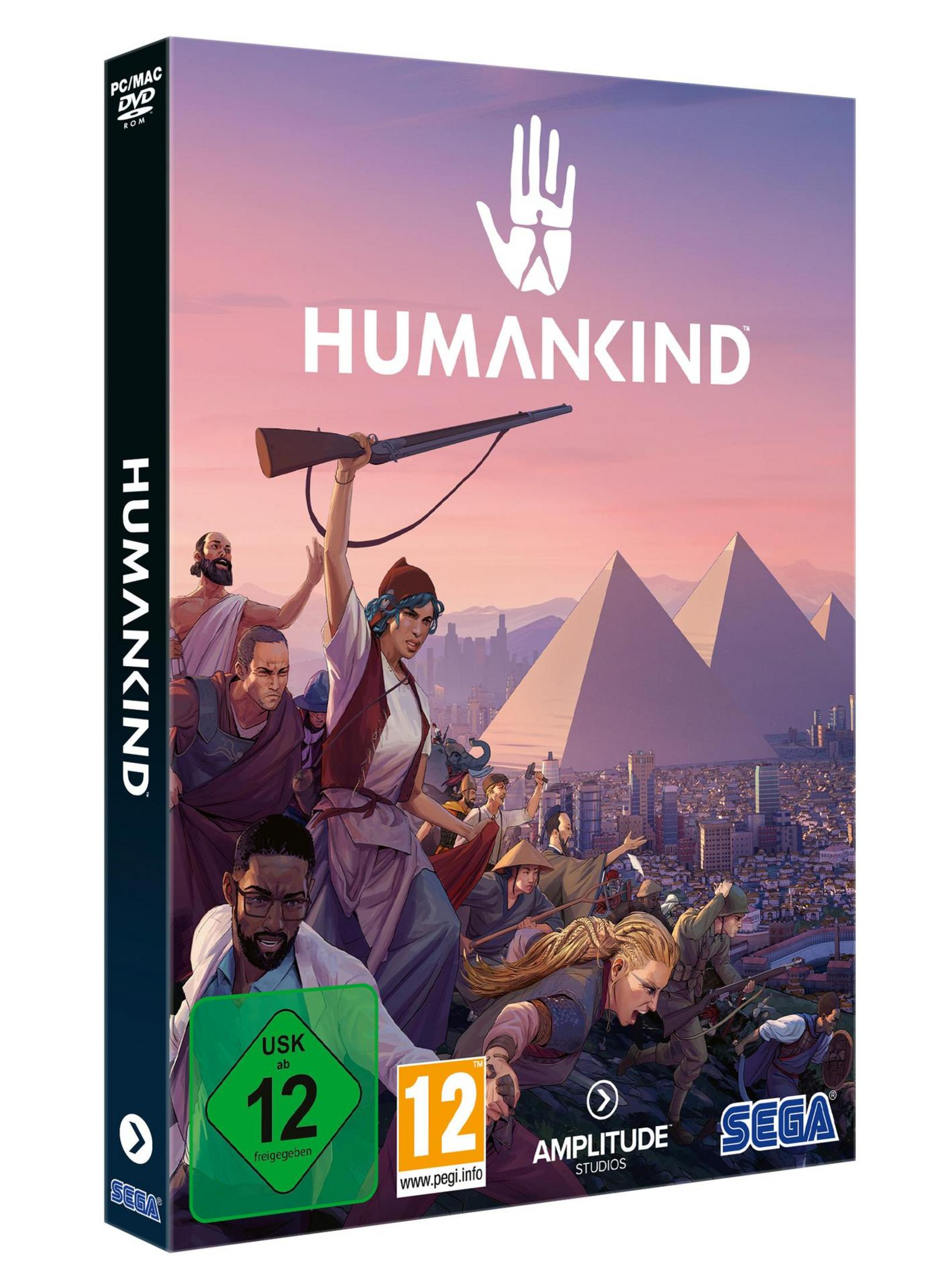 PC-Spielbox: "Humankind" mit mehreren Figuren in historischer Umgebung.