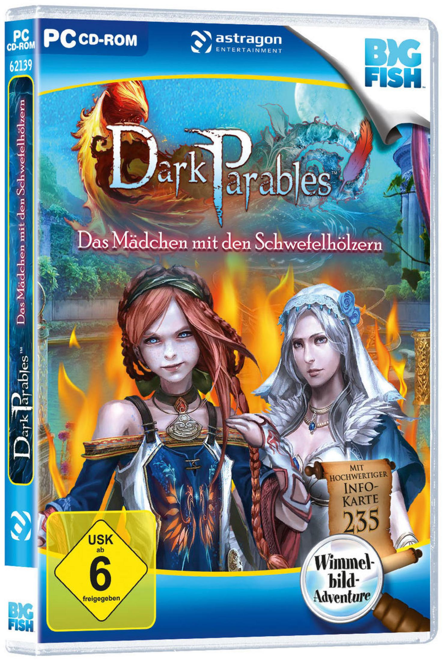 Spielcover: Dark Parables. Zwei Frauen vor Feuer. Titel oben. USK 6-Bewertung.