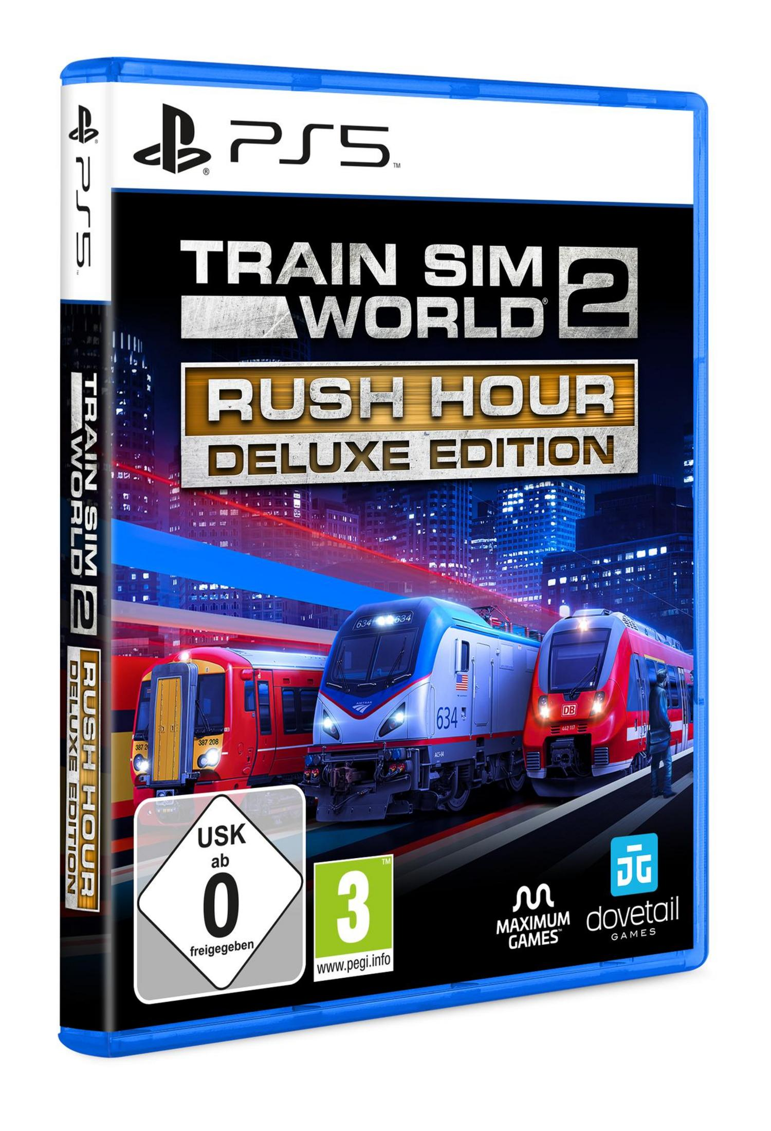 Train Sim World 2: Rush Hour Deluxe Edition für PS5 Spielhülle mit Zügen in einer Stadt.