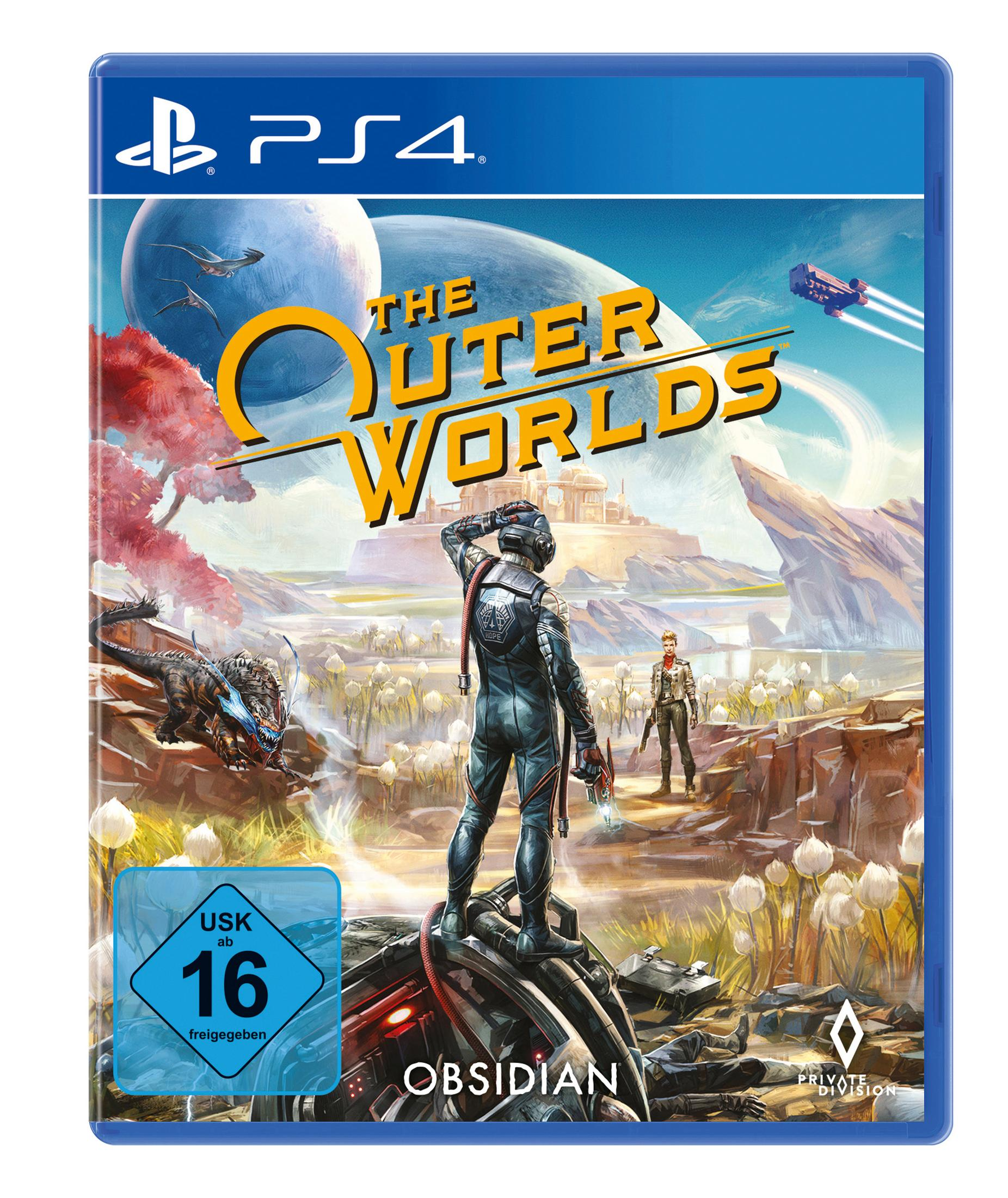Spielbox-Art von The Outer Worlds mit einer Weltraumszene und Charakteren.