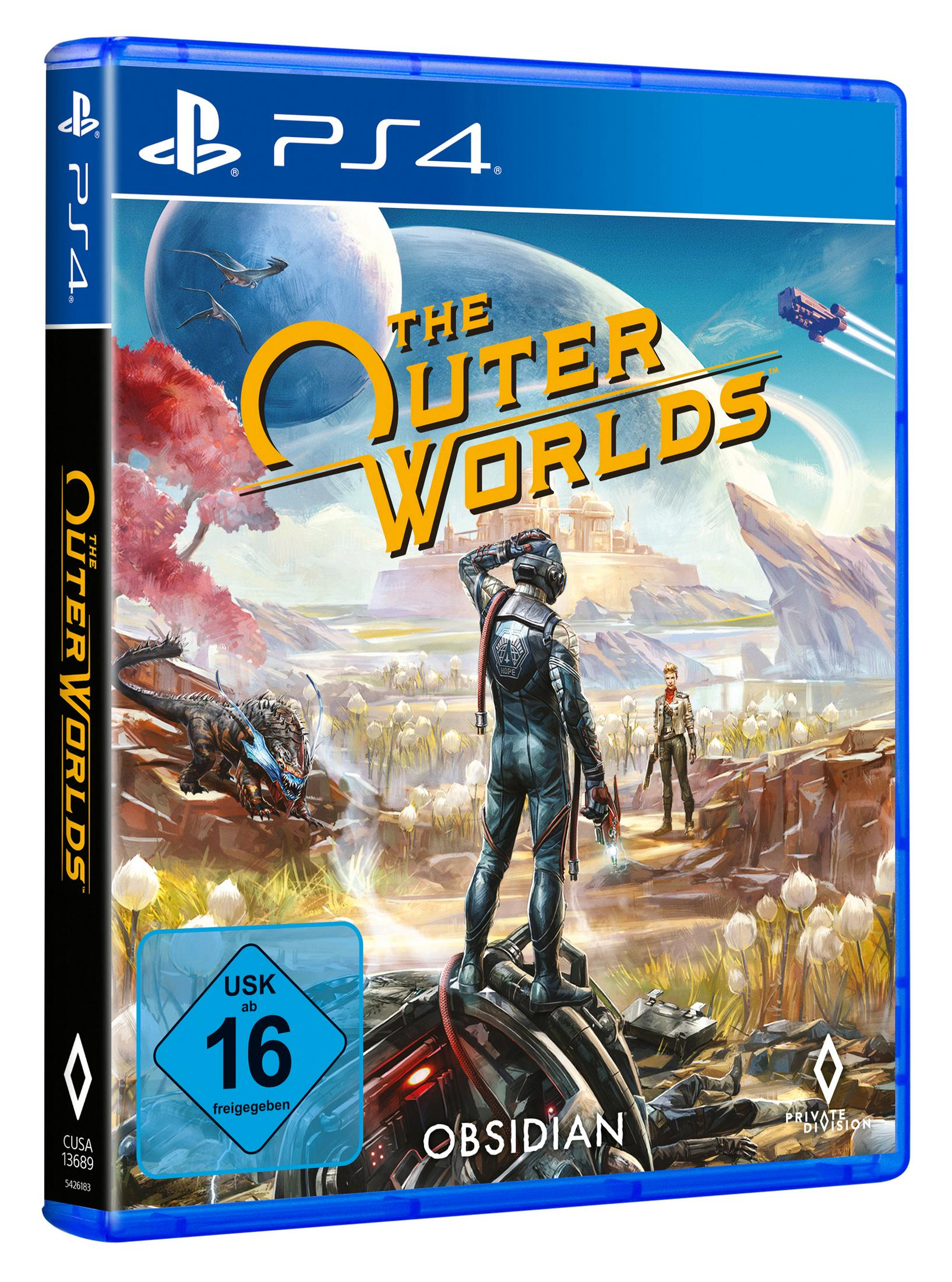 The Outer Worlds PS4-Spielbox. Ein Mann in einem Raumanzug steht auf einer Planetenoberfläche.