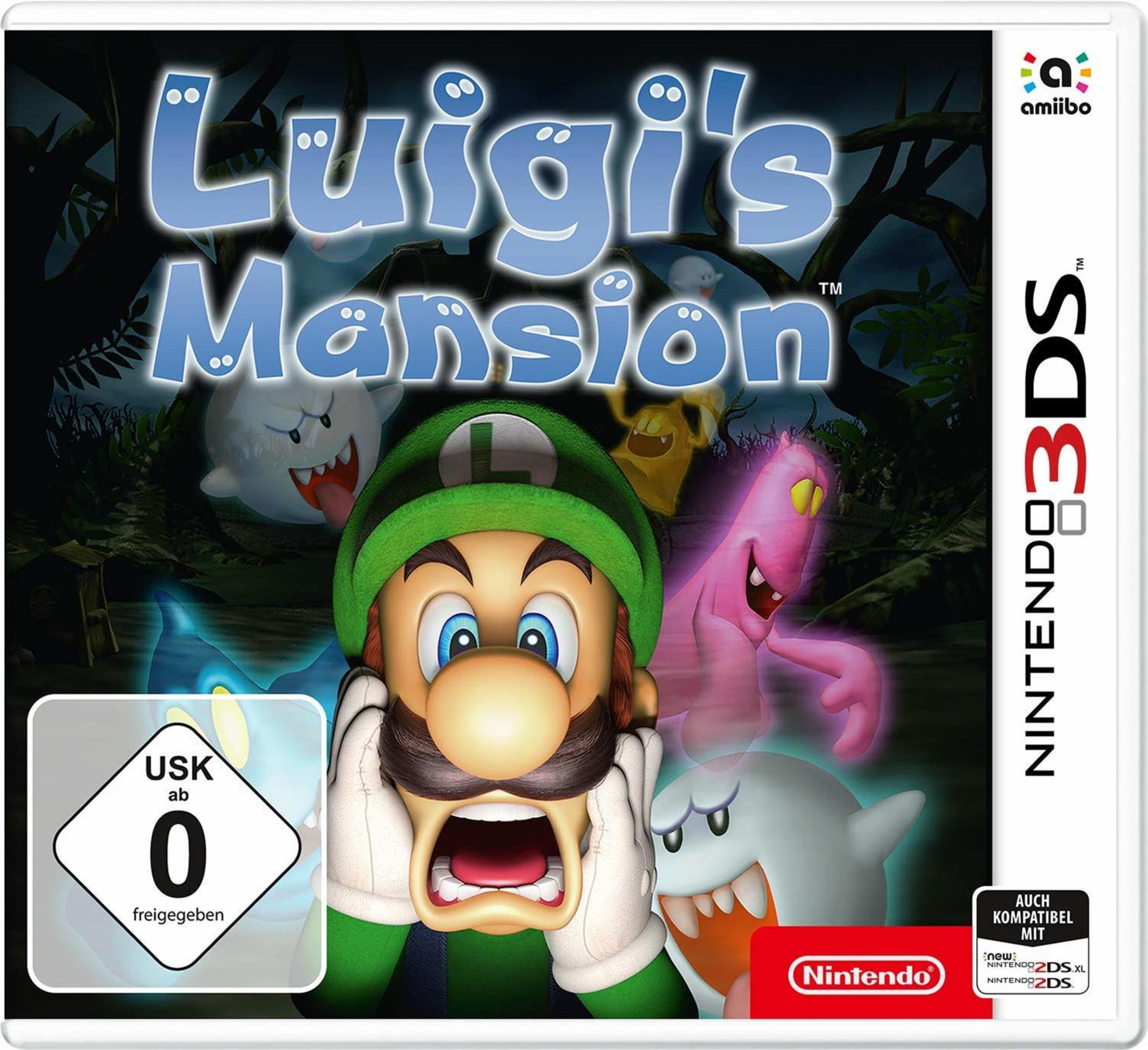 Spielcover 'Luigi's Mansion 3DS' mit Luigi, Geistern und einem gruseligen Herrenhaus im Hintergrund.