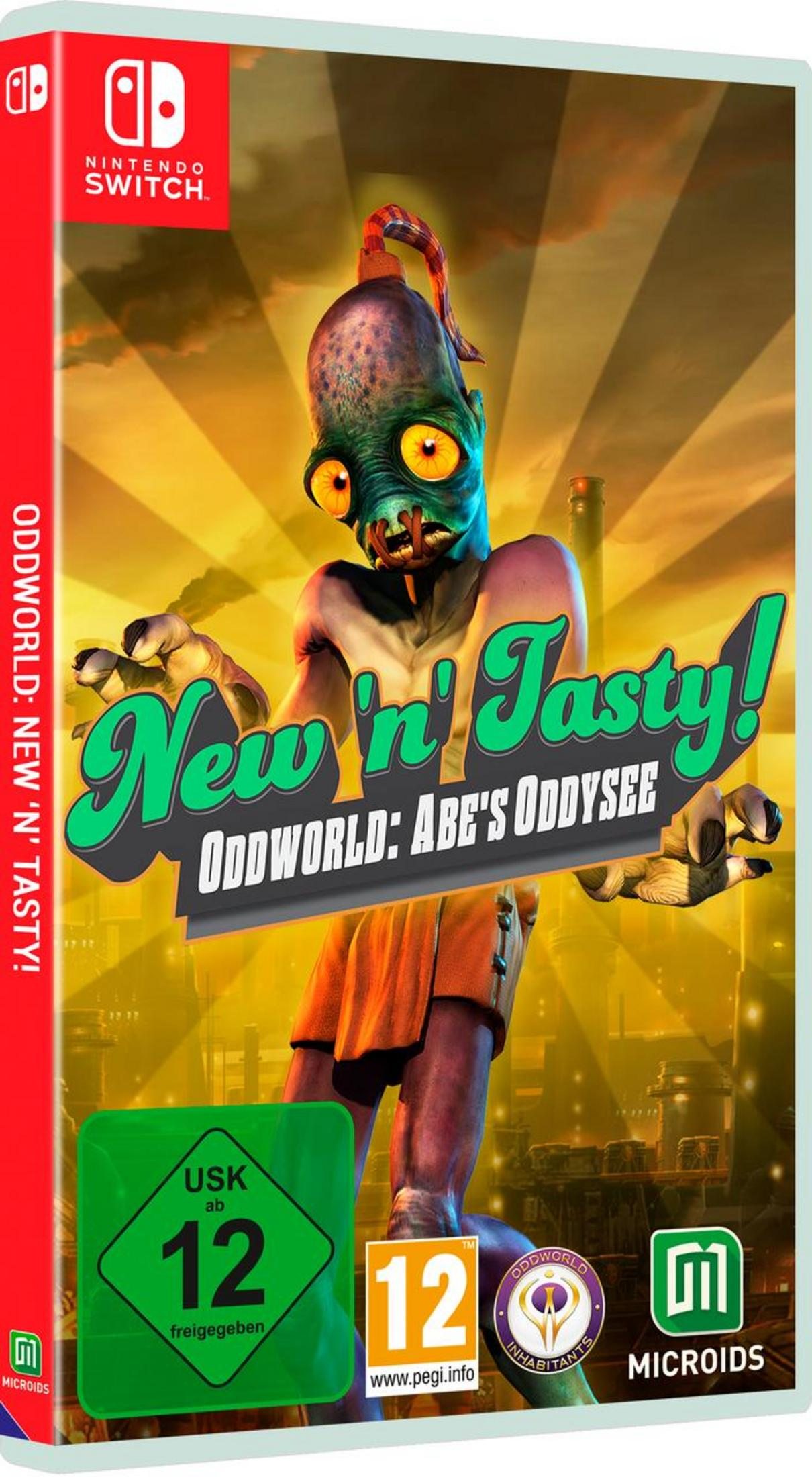 Oddworld: New 'n' Tasty! Videospielbox mit einem grünen Alien und Fabrikhintergrund.