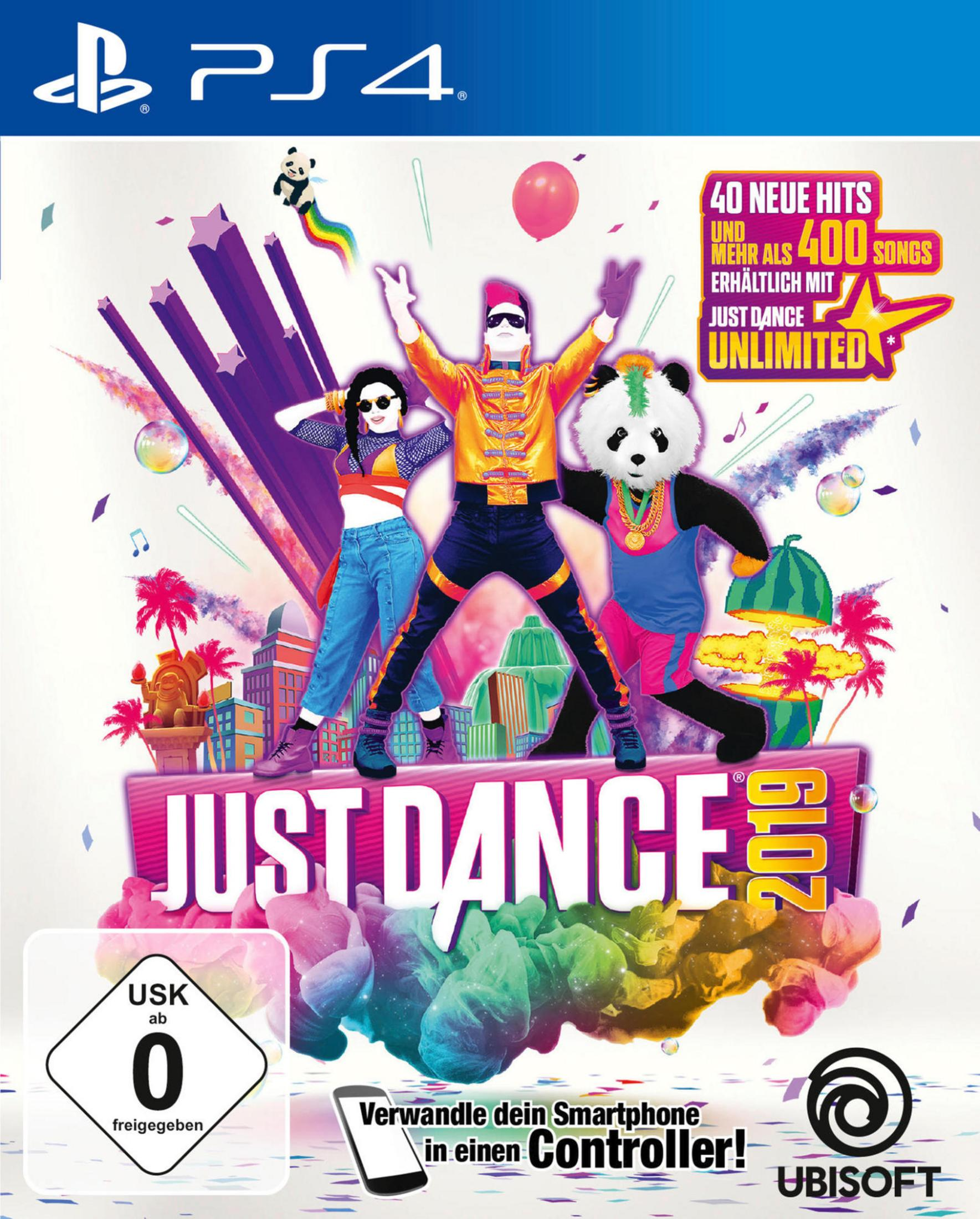 Just Dance 2019 Spielcover. Tänzer und ein Pandabär auf einem farbenfrohen Hintergrund. PS4 Spielcover.