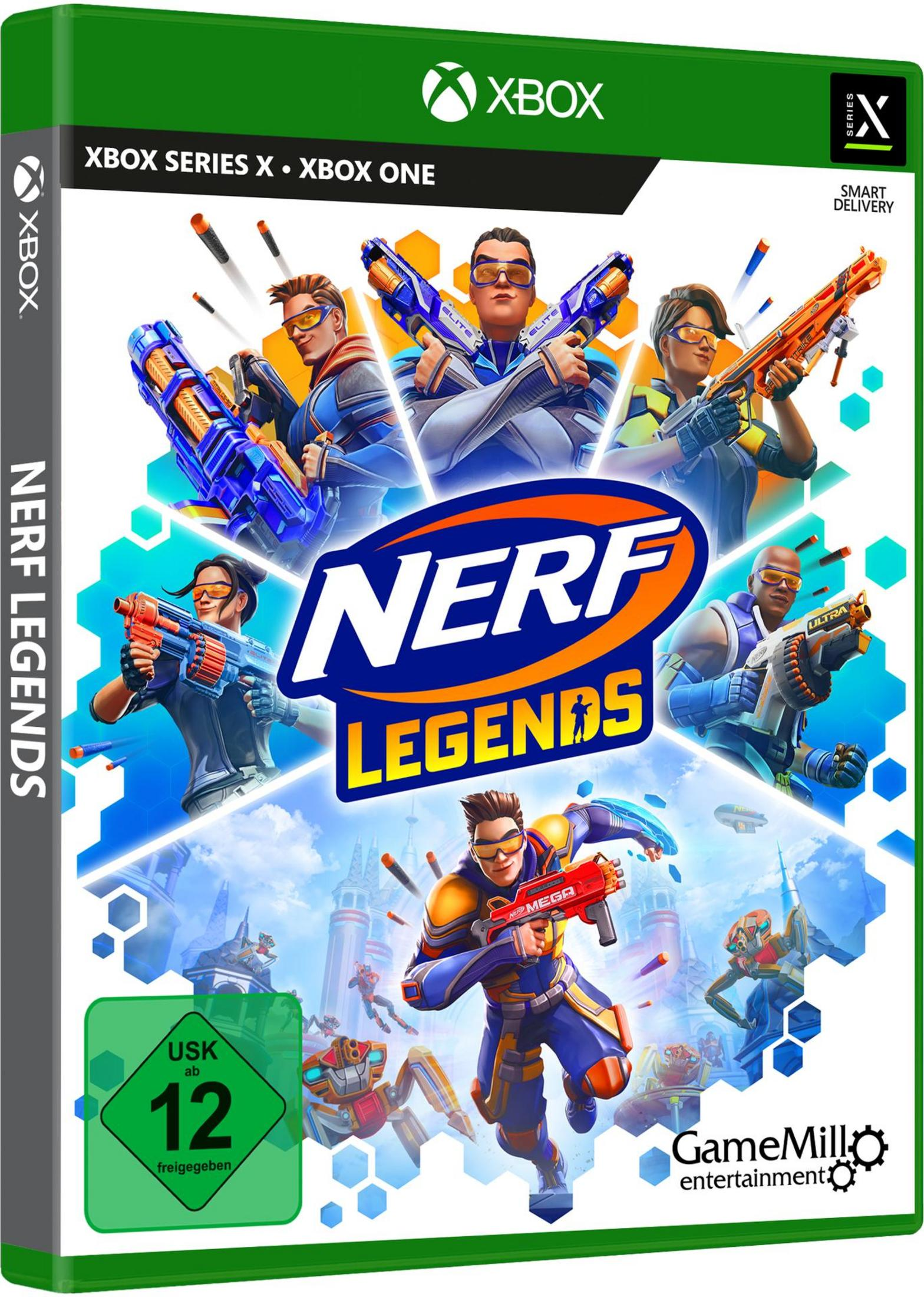 Eine Nerf Legends Spielbox mit Charakteren, die Nerf-Waffen halten, dem Spieletitel und dem Xbox-Logo.