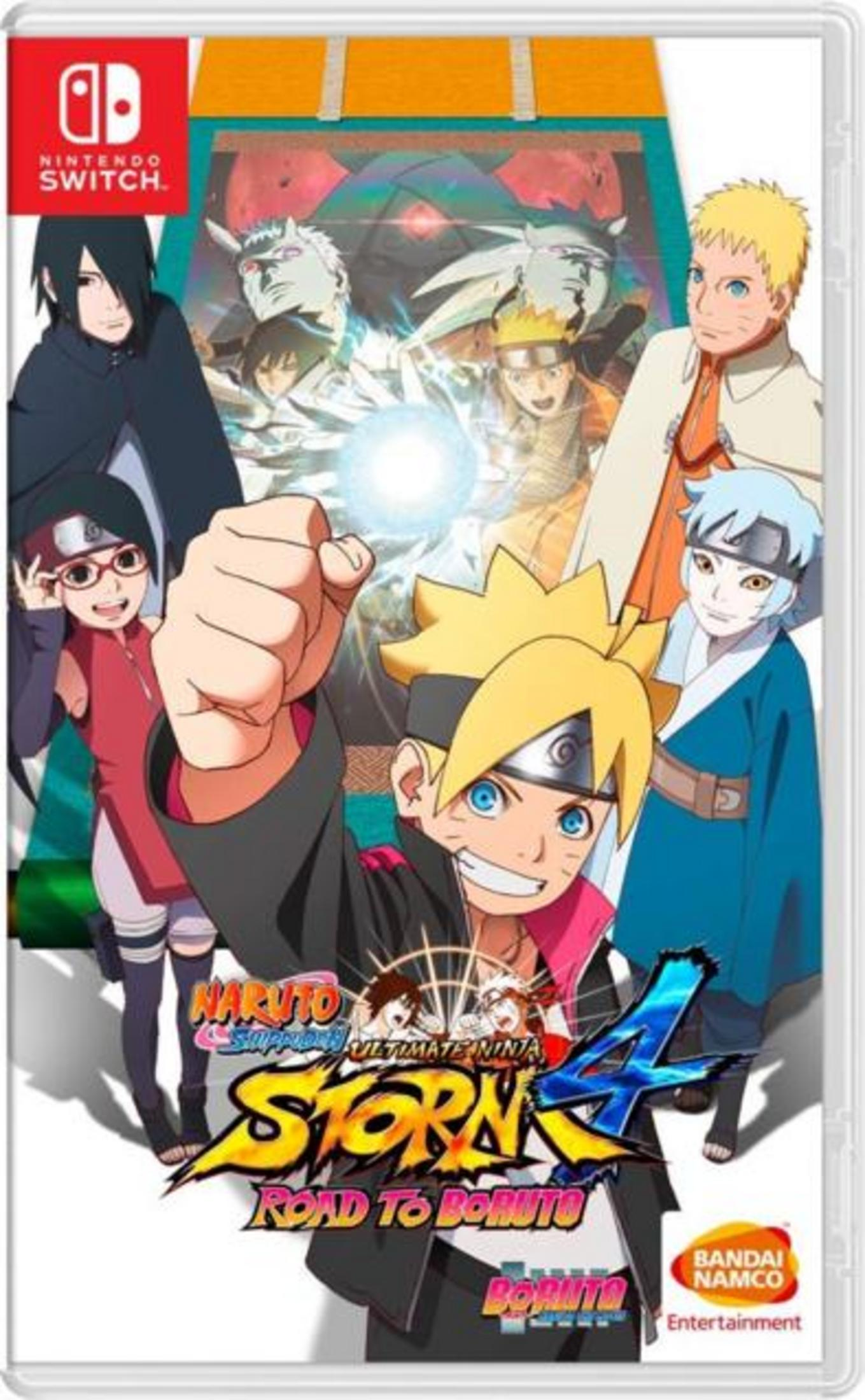 Scatola del gioco Nintendo Switch con personaggi di Naruto. Il titolo è "Naruto Shippuden: Ultimate Ninja Storm 4".