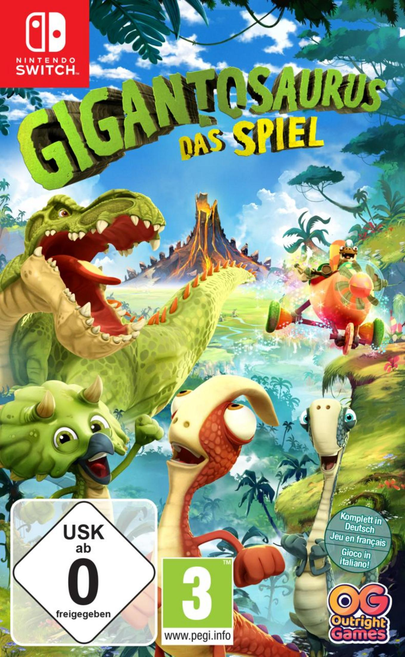 Okładka gry Gigantosaurus Das Spiel. Pokazano dinozaury i wulkan. Okładka gry Nintendo Switch.