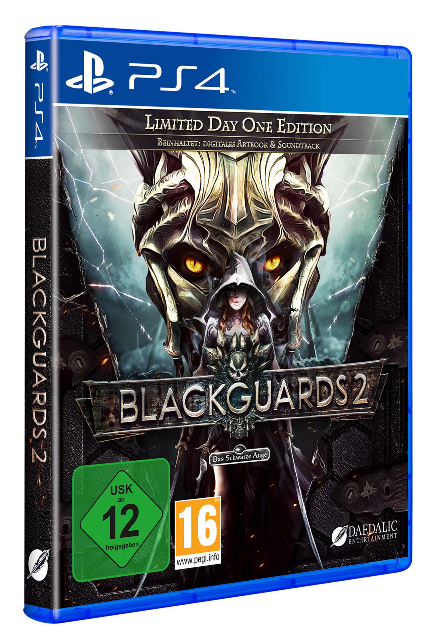 Blackguards 2 Spielverpackung für PS4. Das Cover zeigt eine Frau mit Kapuzenfigur und einem Totenkopf.