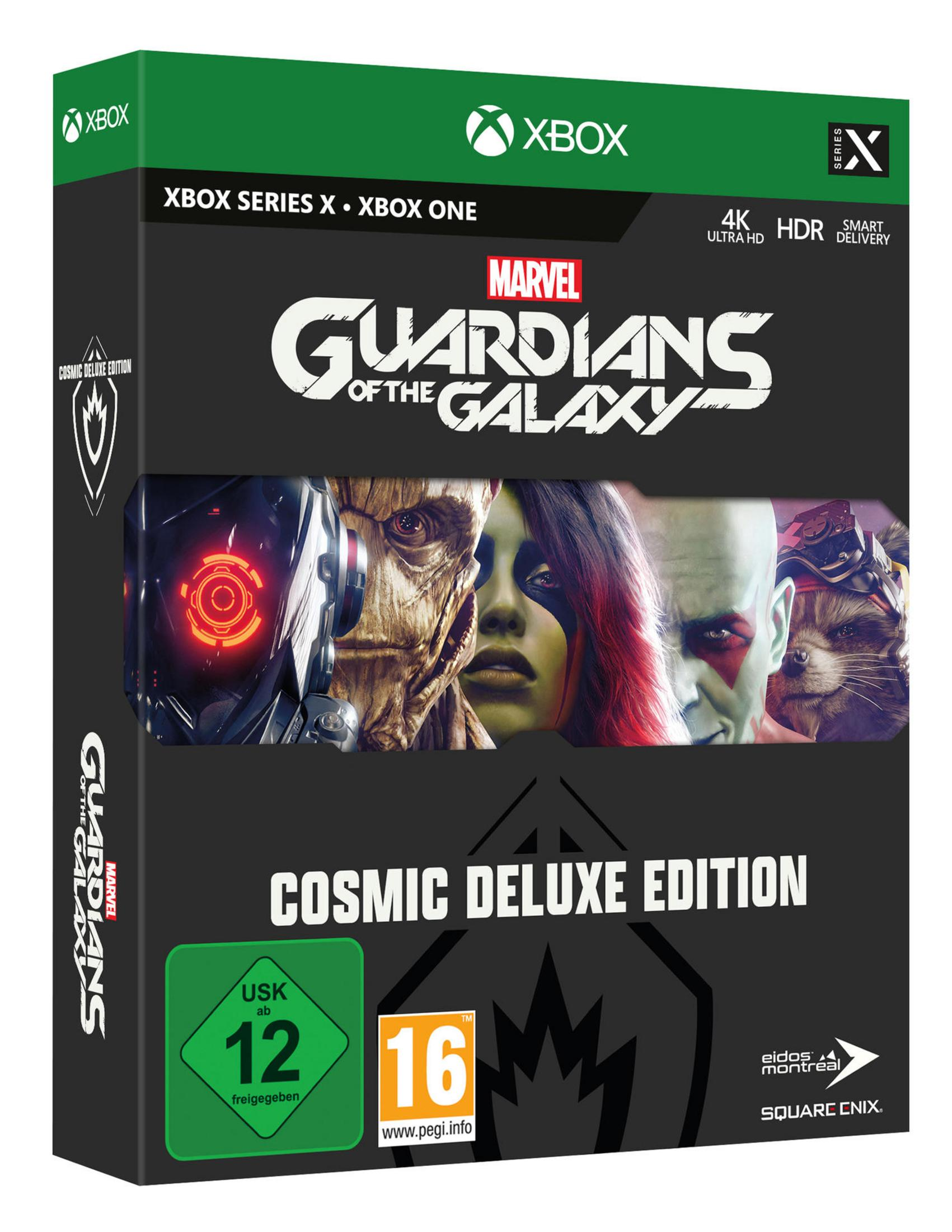 Xbox Guardians of the Galaxy Cosmic Deluxe Edition-Verpackung mit Charakteren und Altersfreigaben.