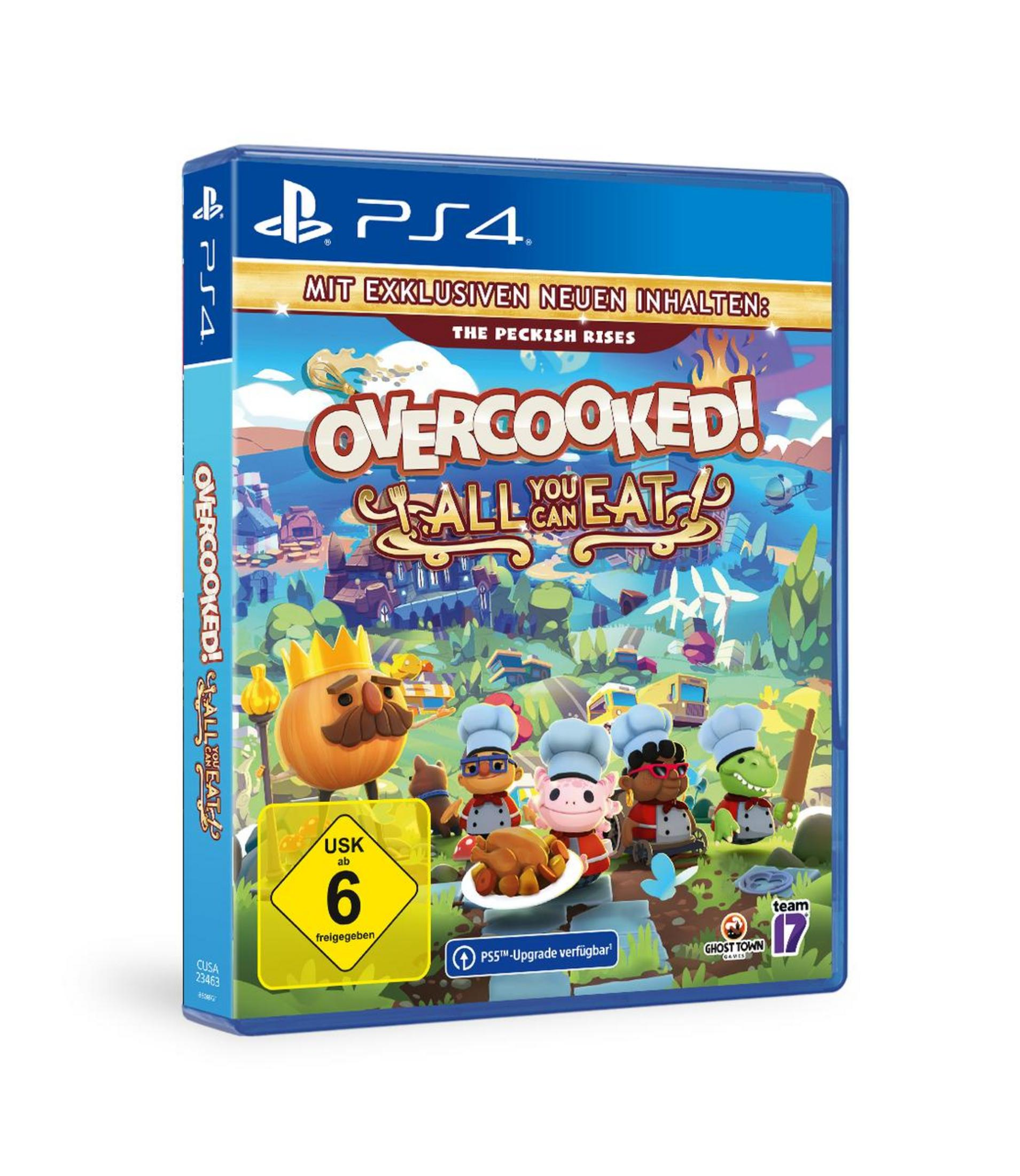PS4-Spielcover: Overcooked! All You Can Eat. Farbenfrohes Bild von Köchen und Essen.