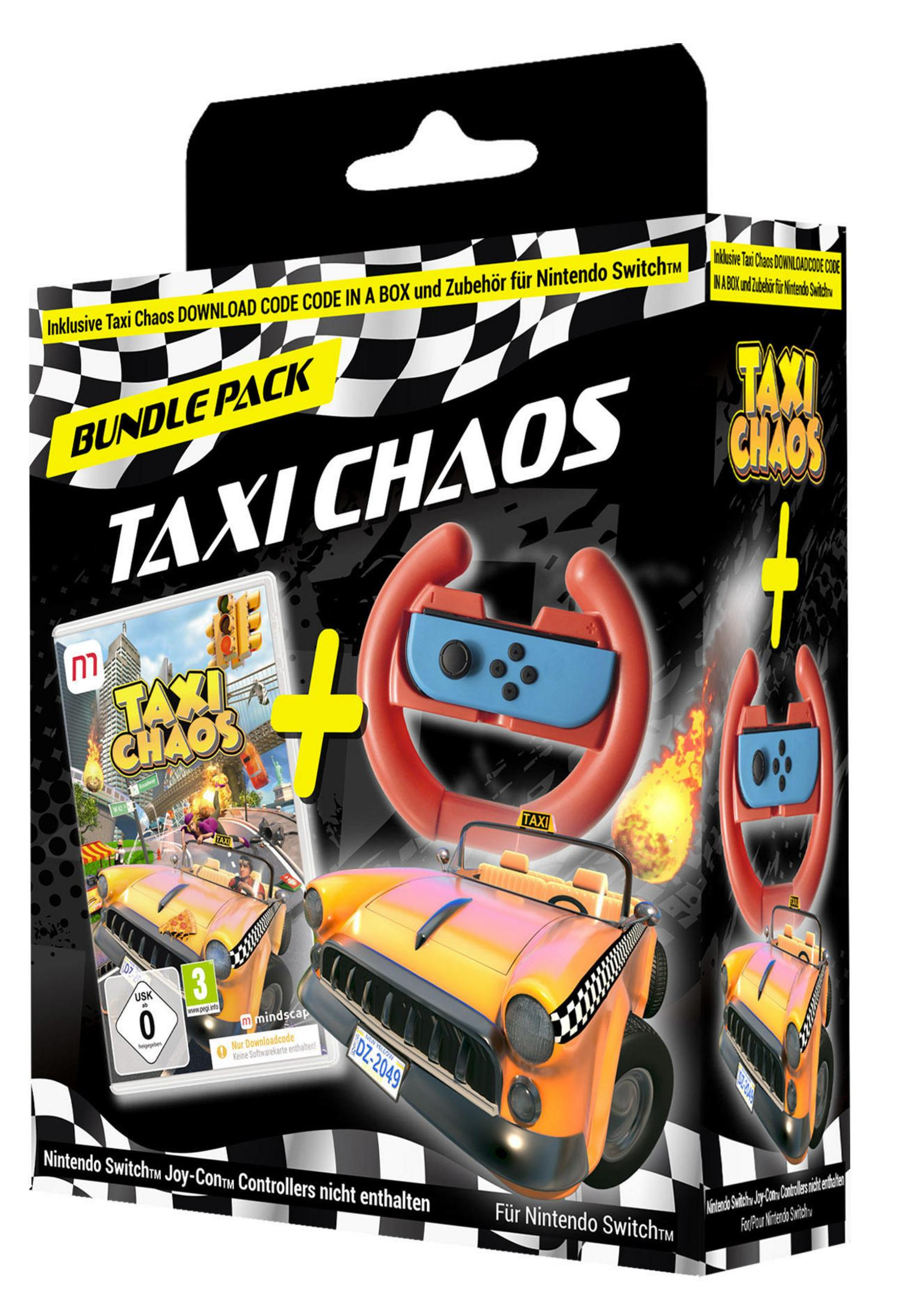 Bundle-Pack mit 'Taxi Chaos' Spiel, Lenkradaufsatz und Controller in Autoform.
