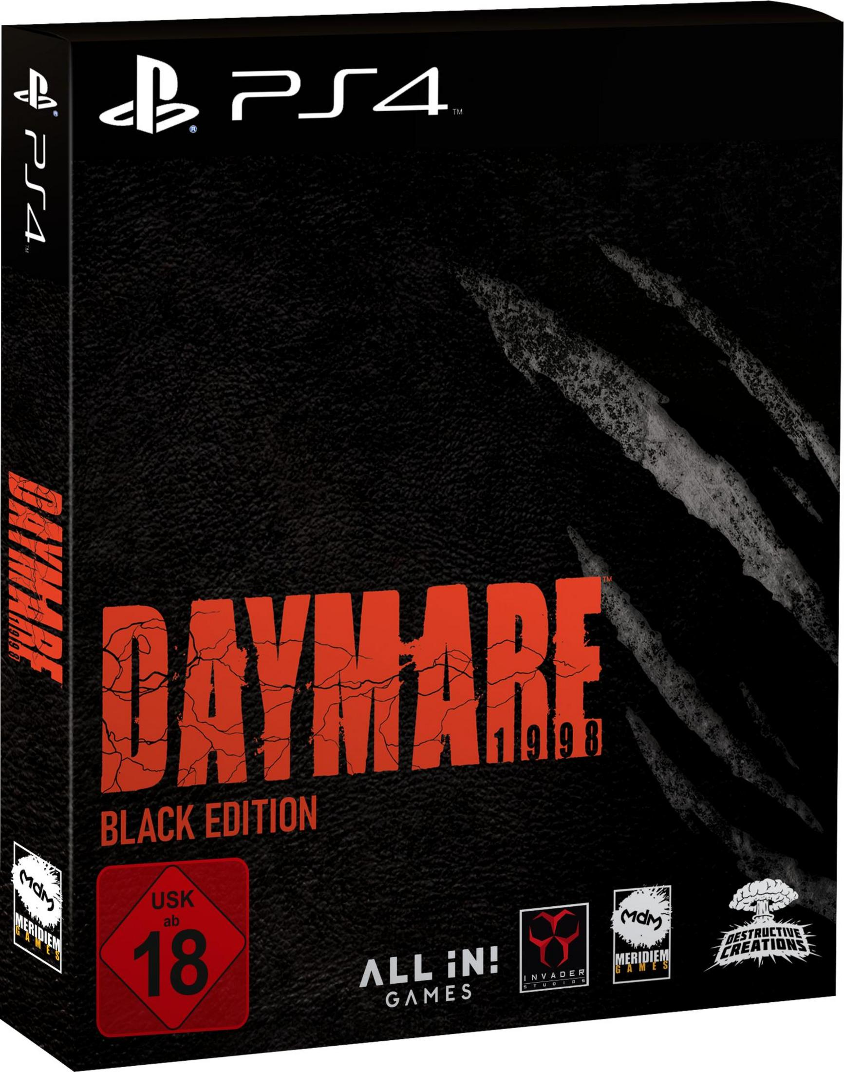 Daymare: 1998 Black Edition PS4-Spielbox mit einem dunklen, strukturierten Design und rotem Titeltext.