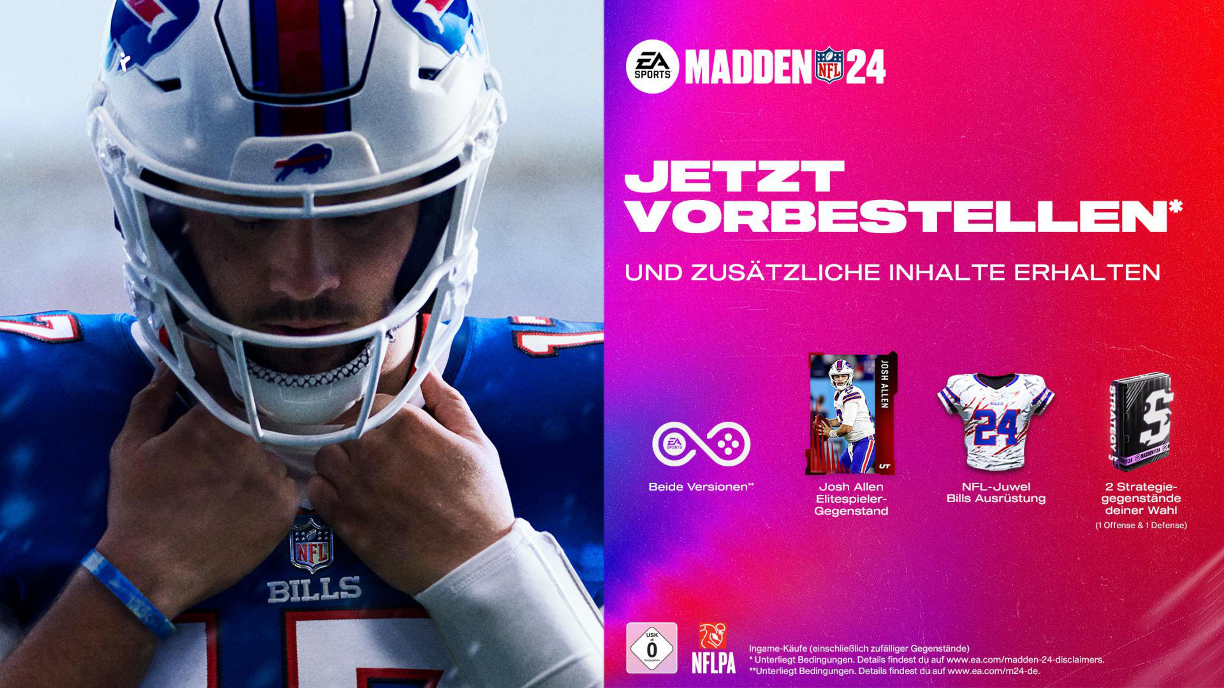 Madden NFL 24 Werbung mit Footballspieler, Spielfunktionen und einer Vorbestellungs-Aufforderung.