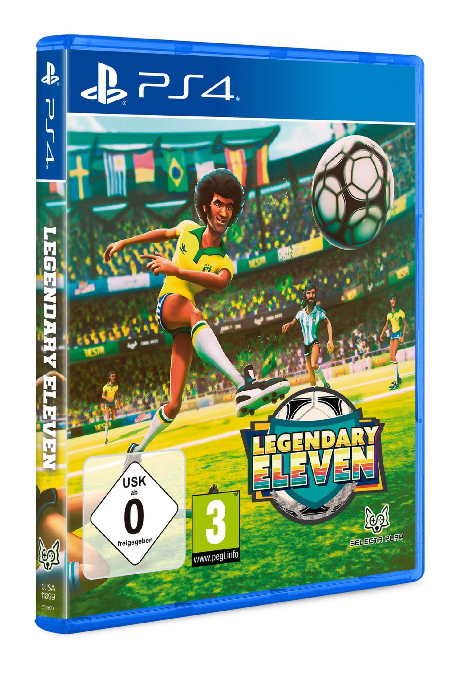 PS4-Spielbox-Art für Legendary Eleven. Ein Fußballspieler schießt den Ball in einem Stadion.