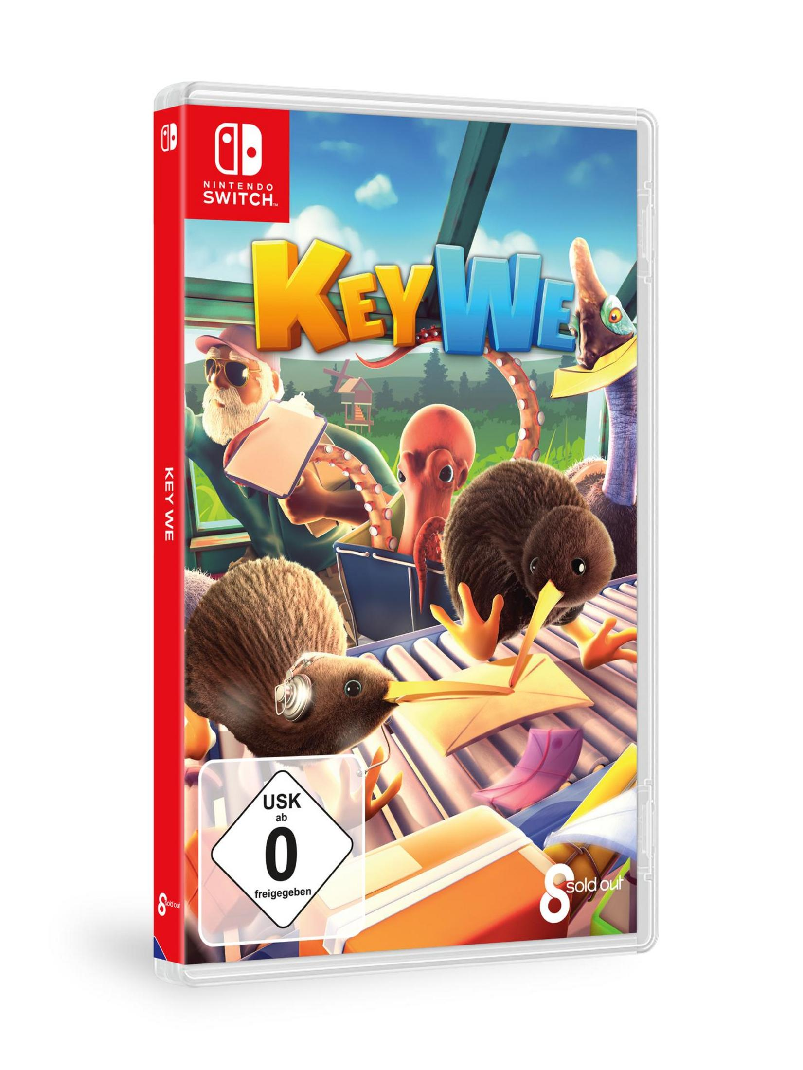 Videospielbox für 'KeyWe' auf Nintendo Switch. Zeigt Kiwis, Post und einen farbenfrohen Hintergrund.