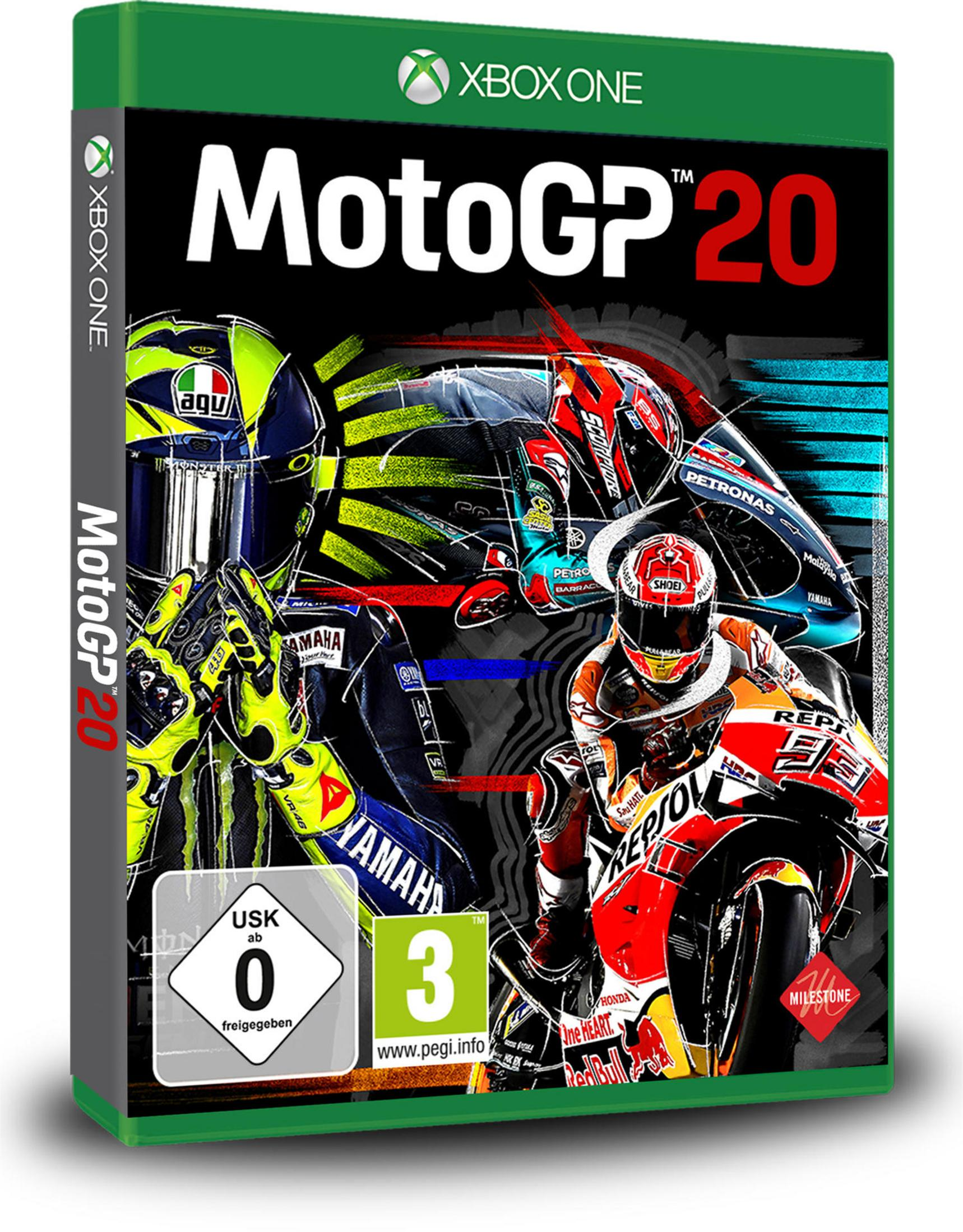 MotoGP 20 Spielbox. Motorradrennfahrer auf dem Cover. Xbox One.