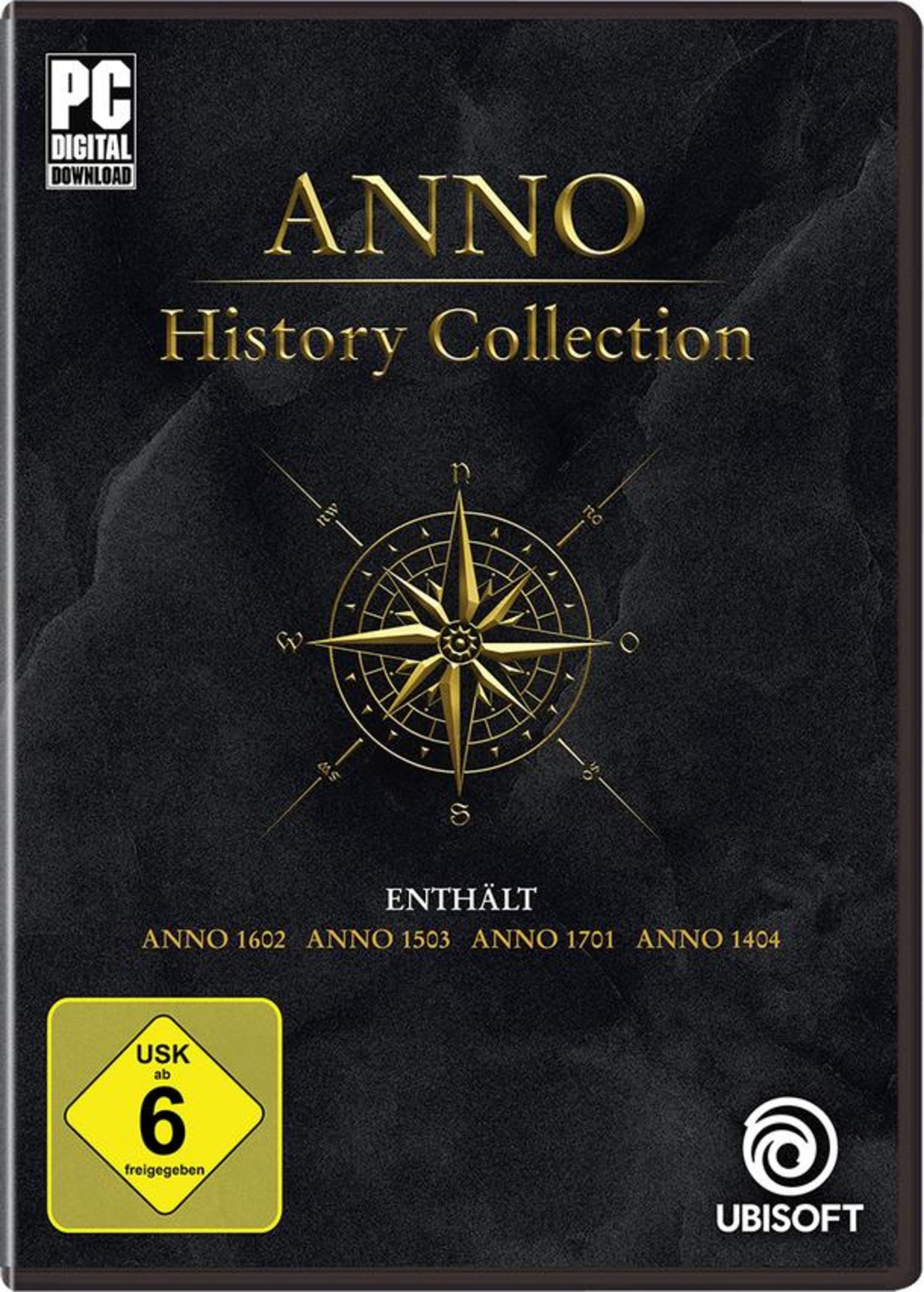 Spielboxcover mit goldenem Text und einem Kompass-Design. Enthält die Spieletitel Anno 1602, 1503, 1701 und 1404.