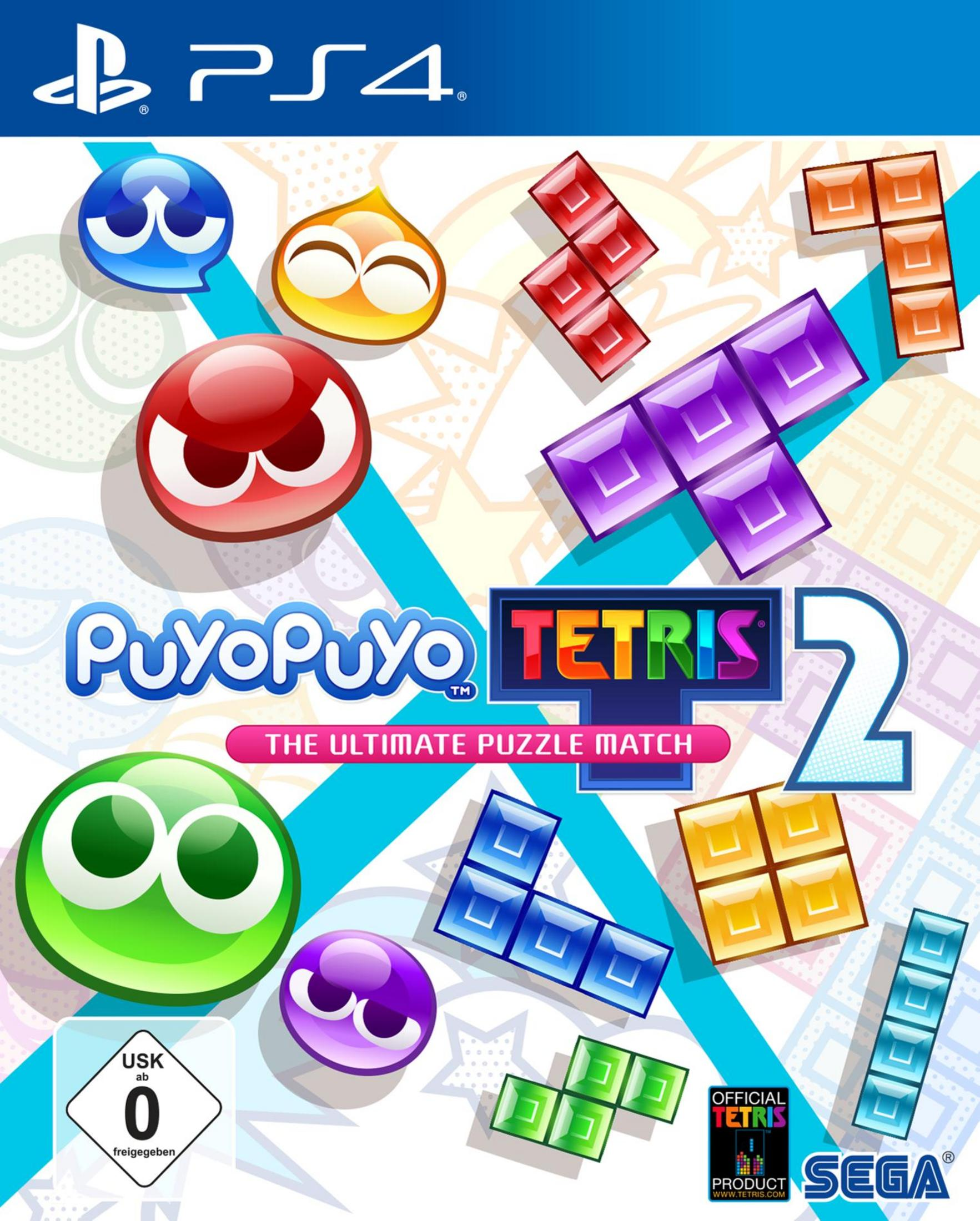 Puyo Puyo Tetris 2-Spielcover. Bunte Charaktere und Tetris-Blöcke auf blauem Hintergrund.