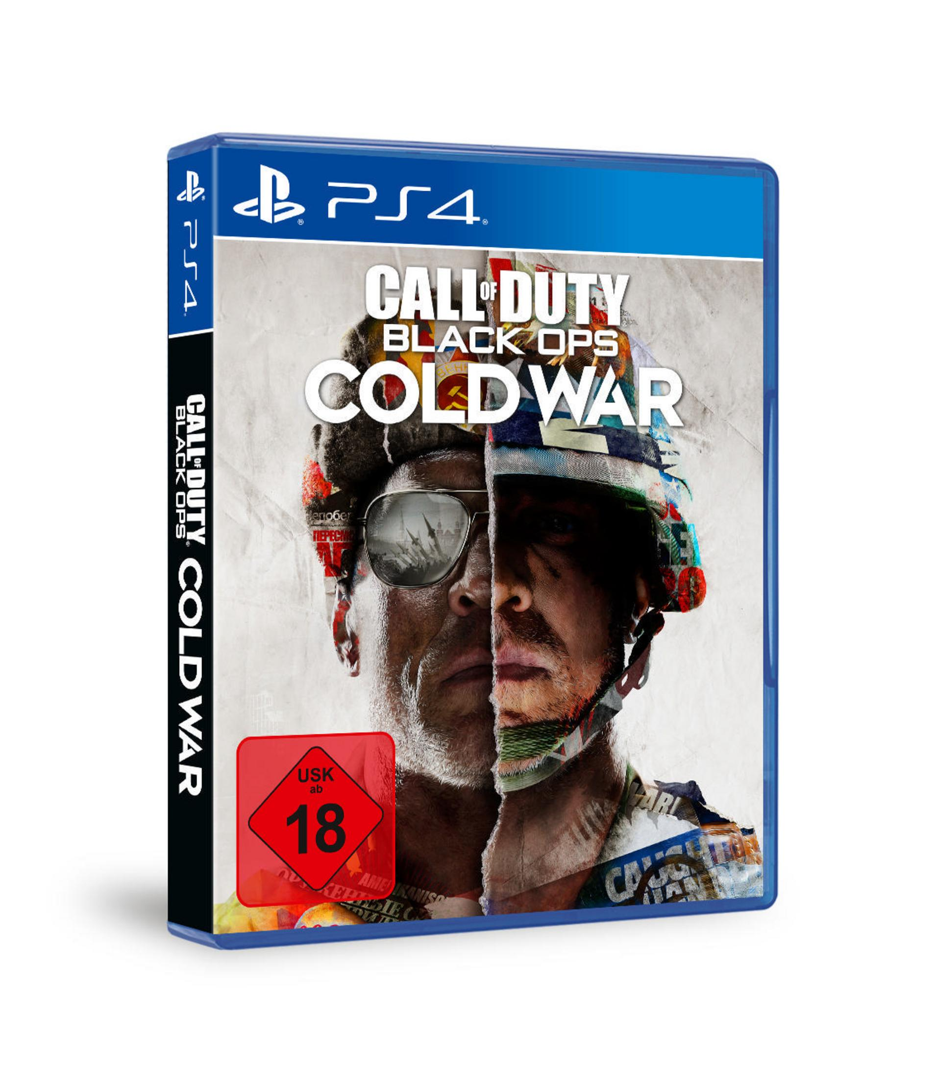 Scatola del gioco Call of Duty: Black Ops Cold War. Due facce di un uomo sono divise a metà.
