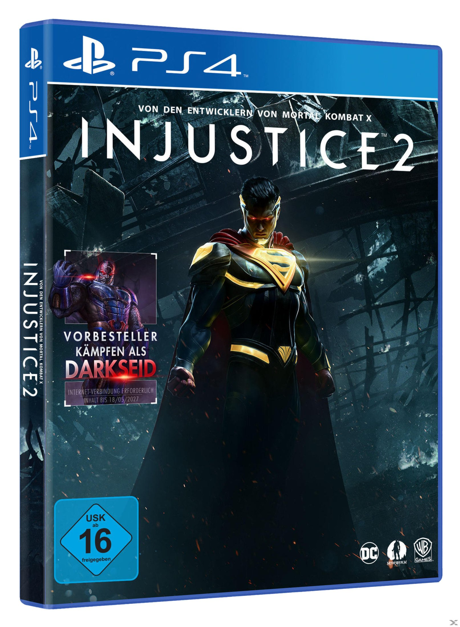 Injustice 2 Spielbox für PS4 mit einem Superhelden in Rüstung auf dem Cover.
