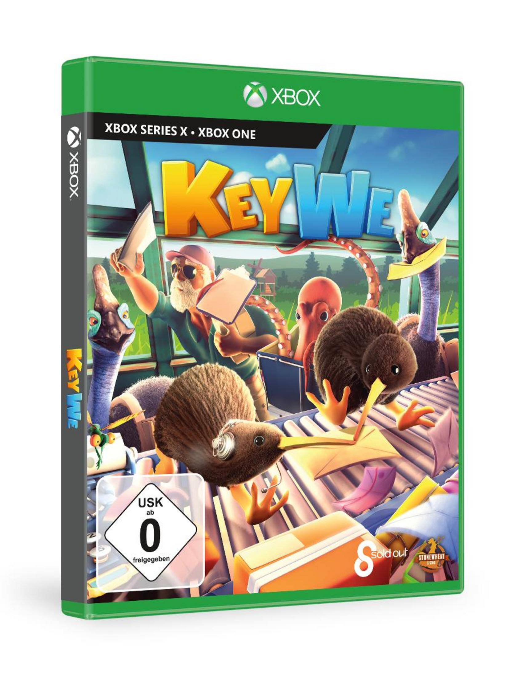 Xbox-Spielbox für 'KeyWe' mit Kiwis in einer Postumgebung, lebendigen Farben.