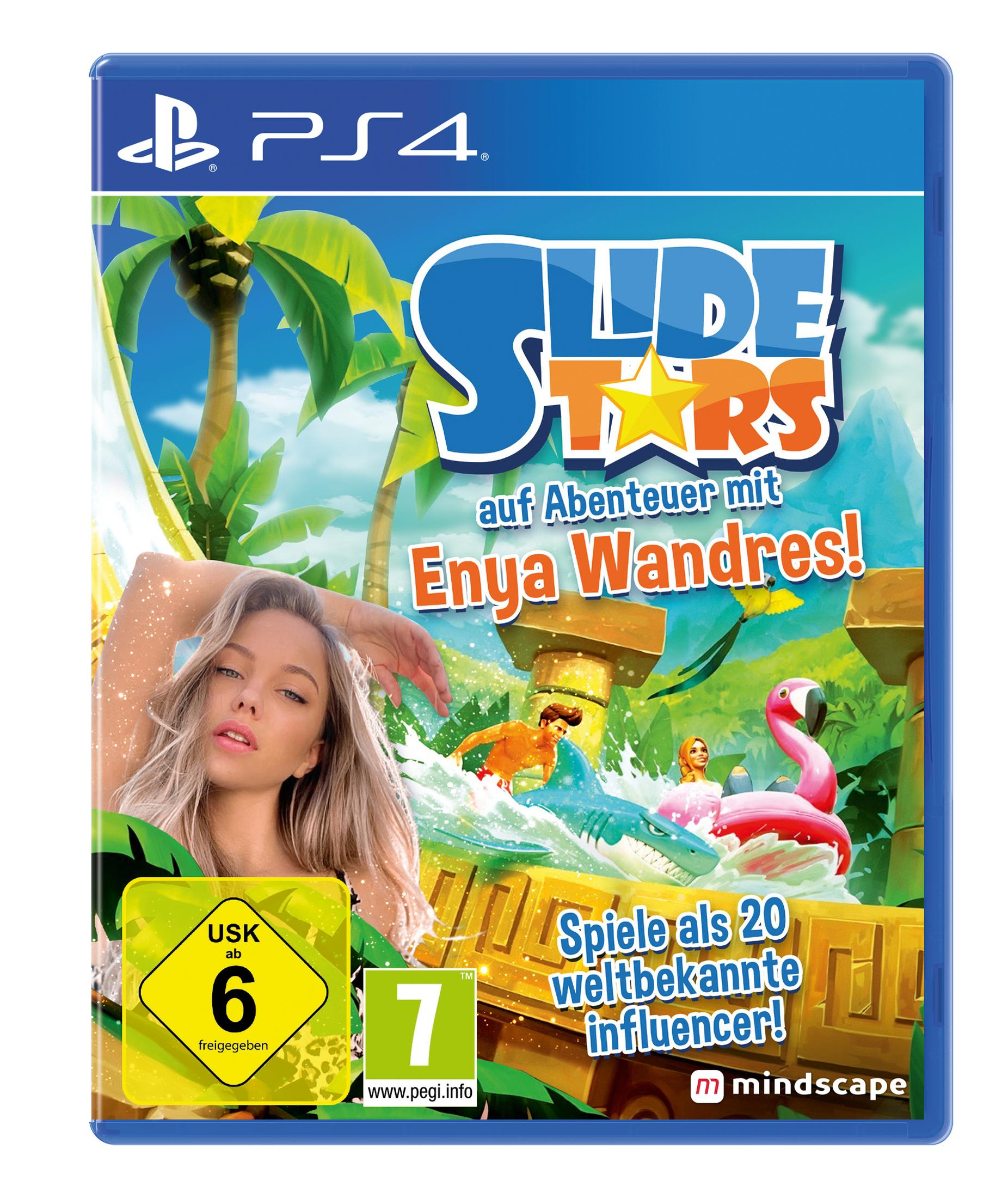 PS4-Spielbox. Slide Stars, mit einer Frau und einer tropischen Szene. Enthält einen Hai und einen Flamingo.