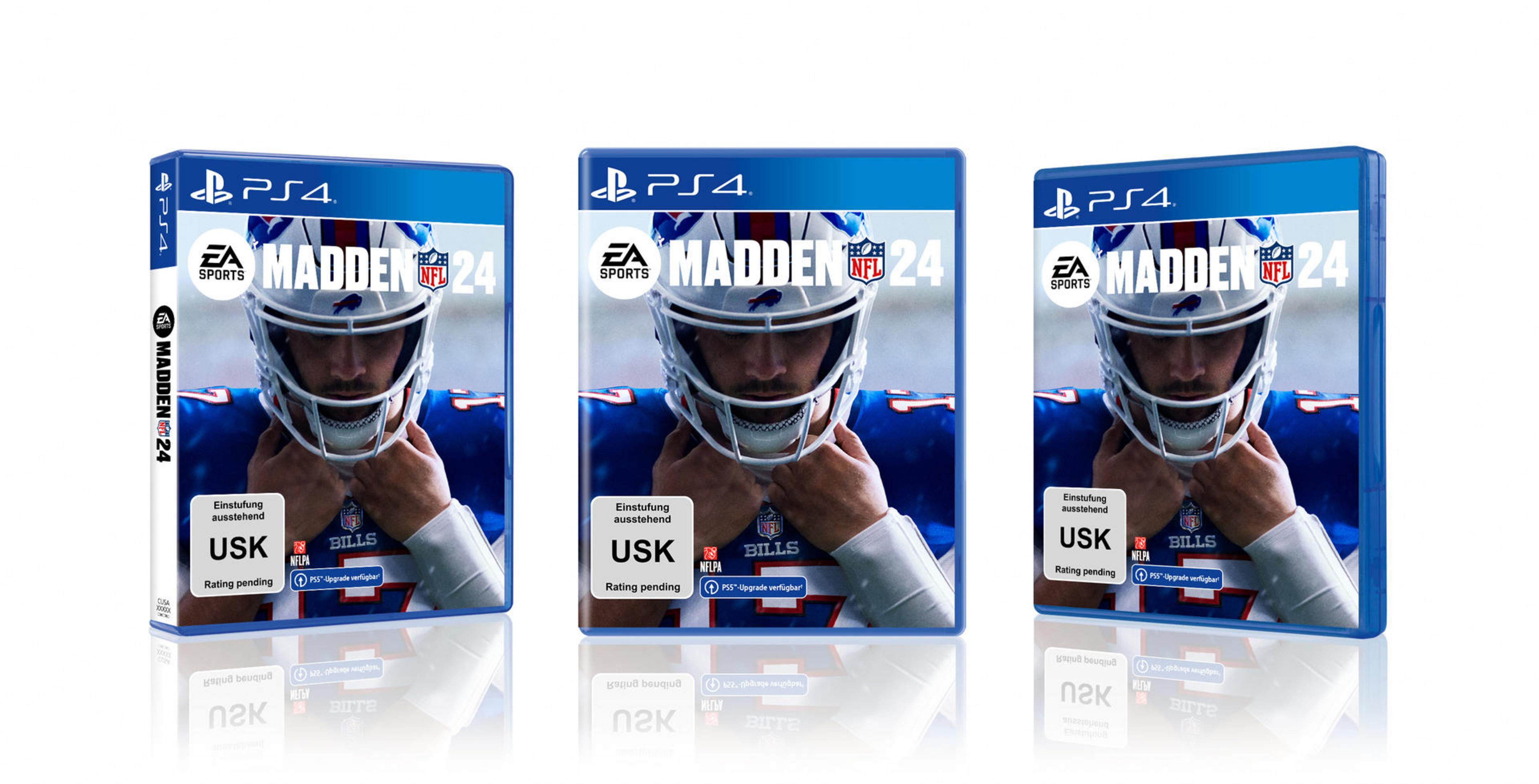 Copertina del gioco Madden NFL 24. Tre copertine identiche con un giocatore di football su una custodia PS4.