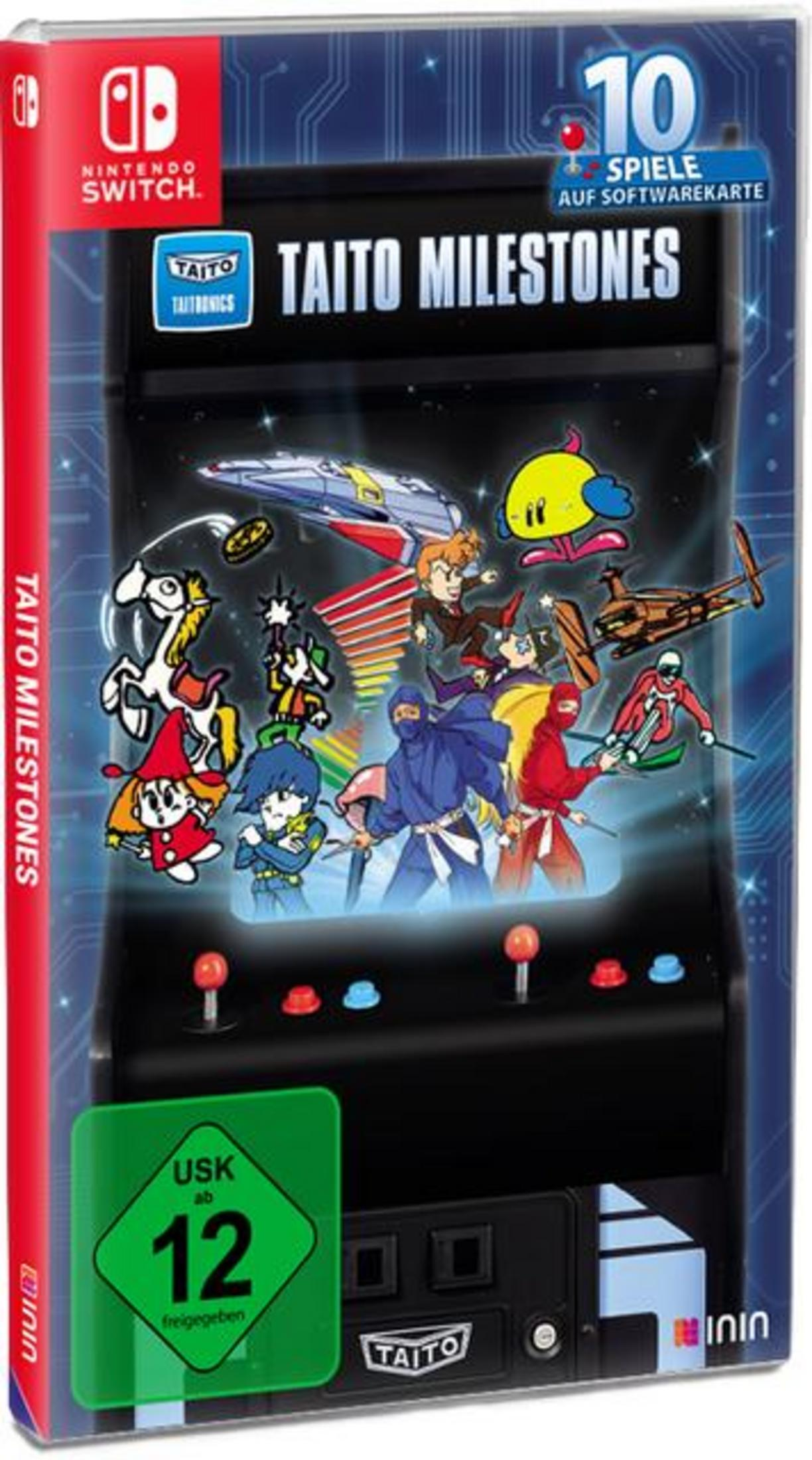 Spielcover: Taito Milestones, für Nintendo Switch. Arcade-Spiel-Thema. USK 12-Bewertung.