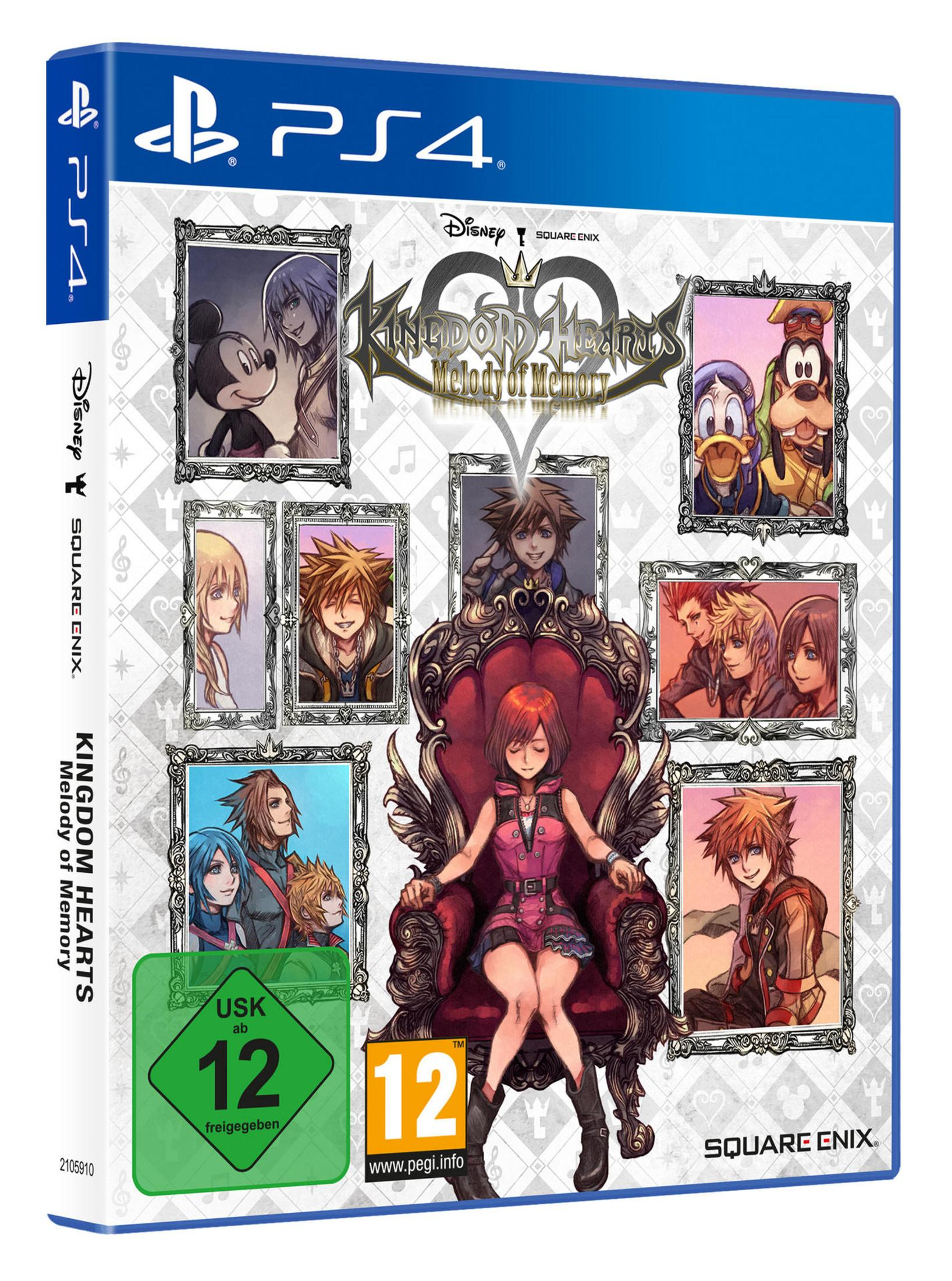Eine PS4-Spielbox, 'Kingdom Hearts Melody of Memory'. Das Cover zeigt Charaktere aus dem Spiel.