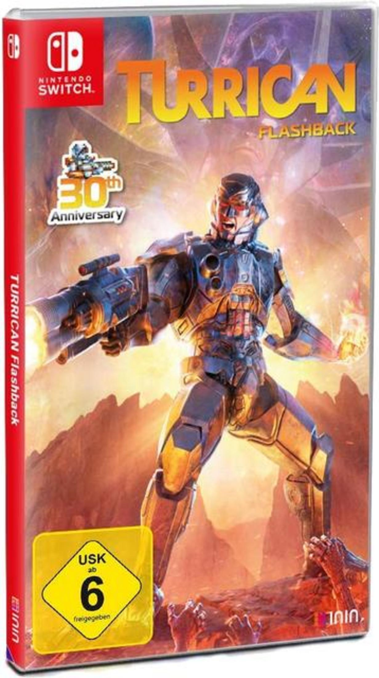 Turrican Flashback Spielbox-Art mit futuristischem Soldaten und feurigem Hintergrund.