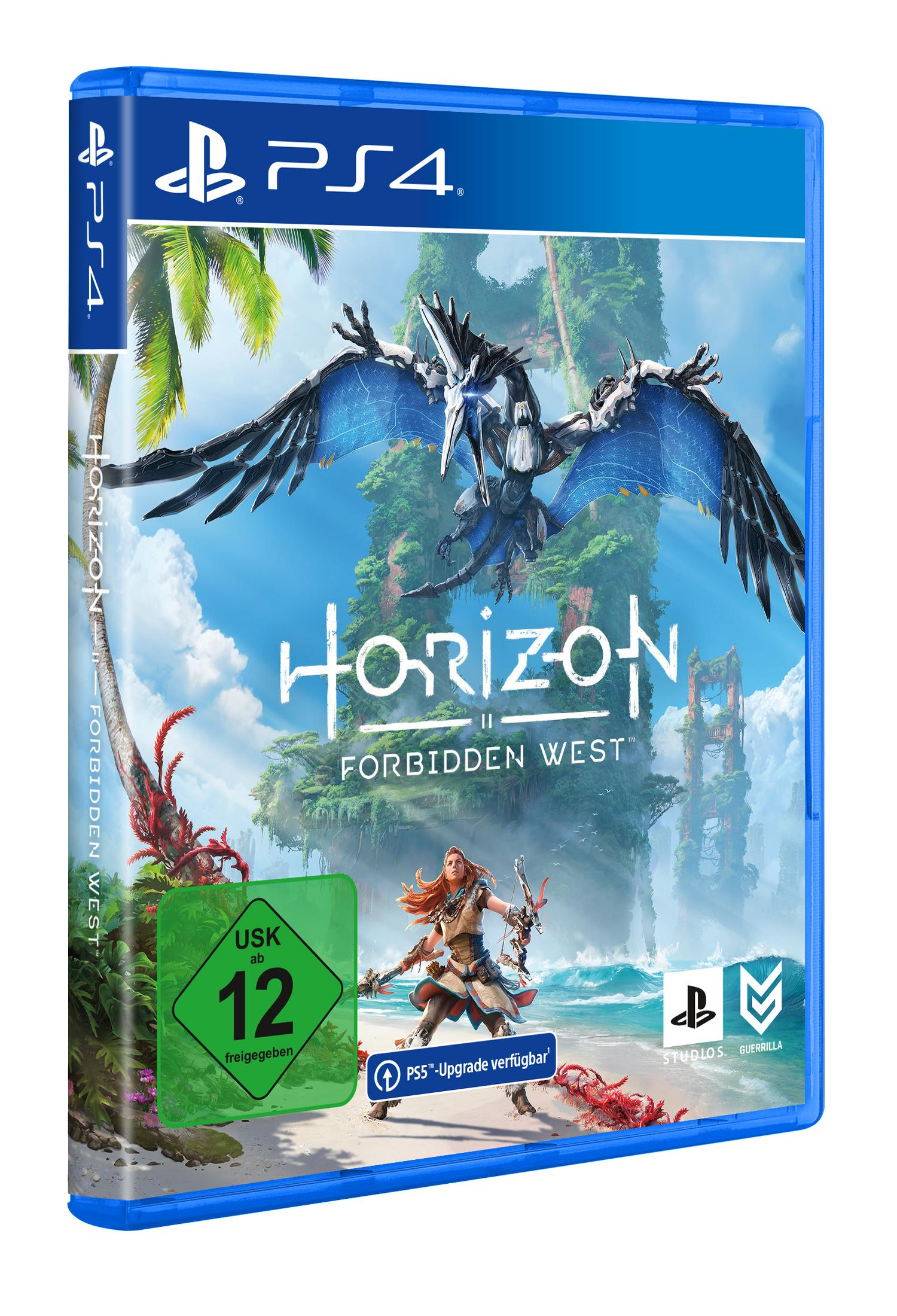 PS4-Spielbox für Horizon Forbidden West. Eine Frau mit Pfeil und Bogen. Berge im Hintergrund.