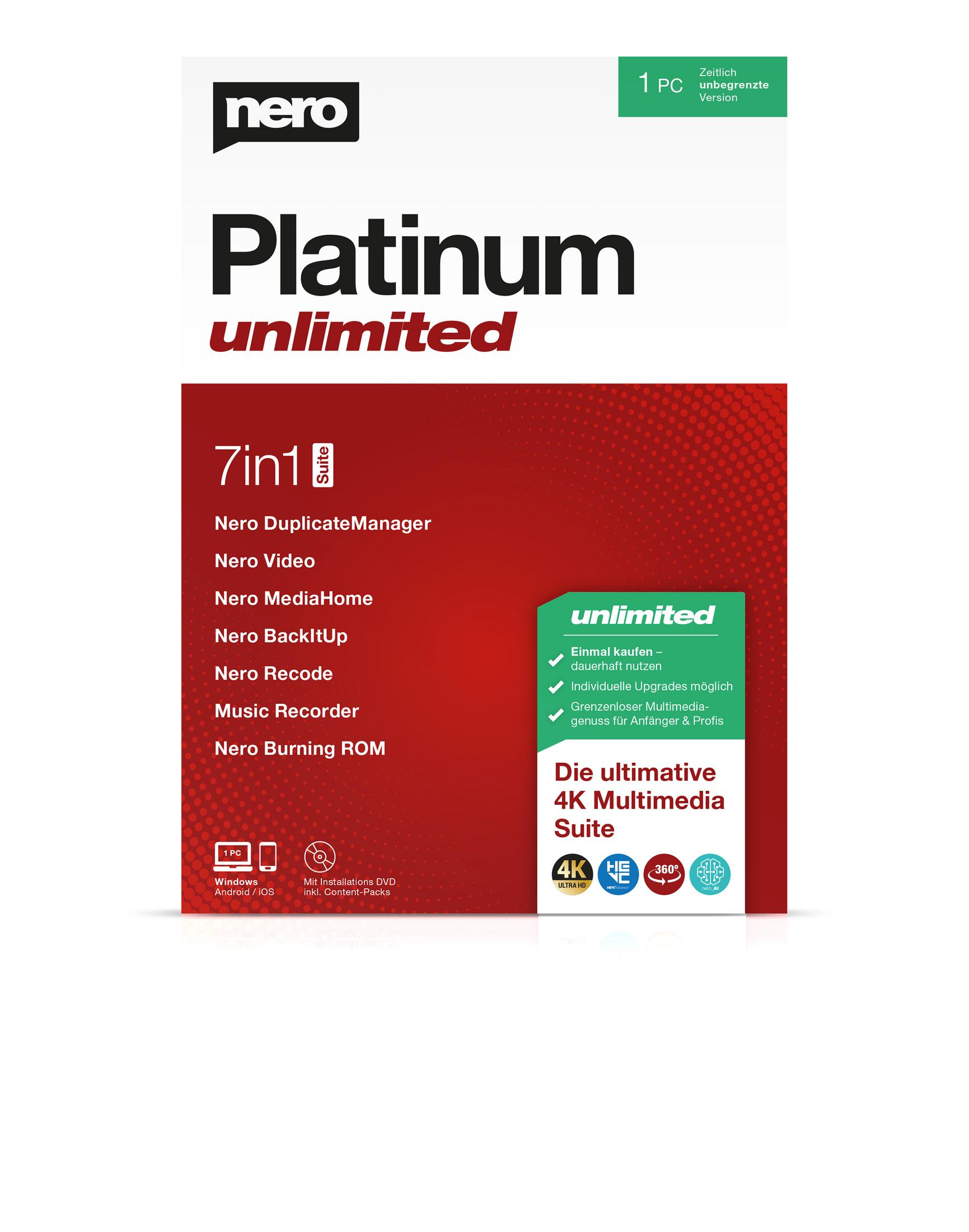 Scatola del software Nero Platinum Unlimited. Sfondo rosso con informazioni sulla suite software.