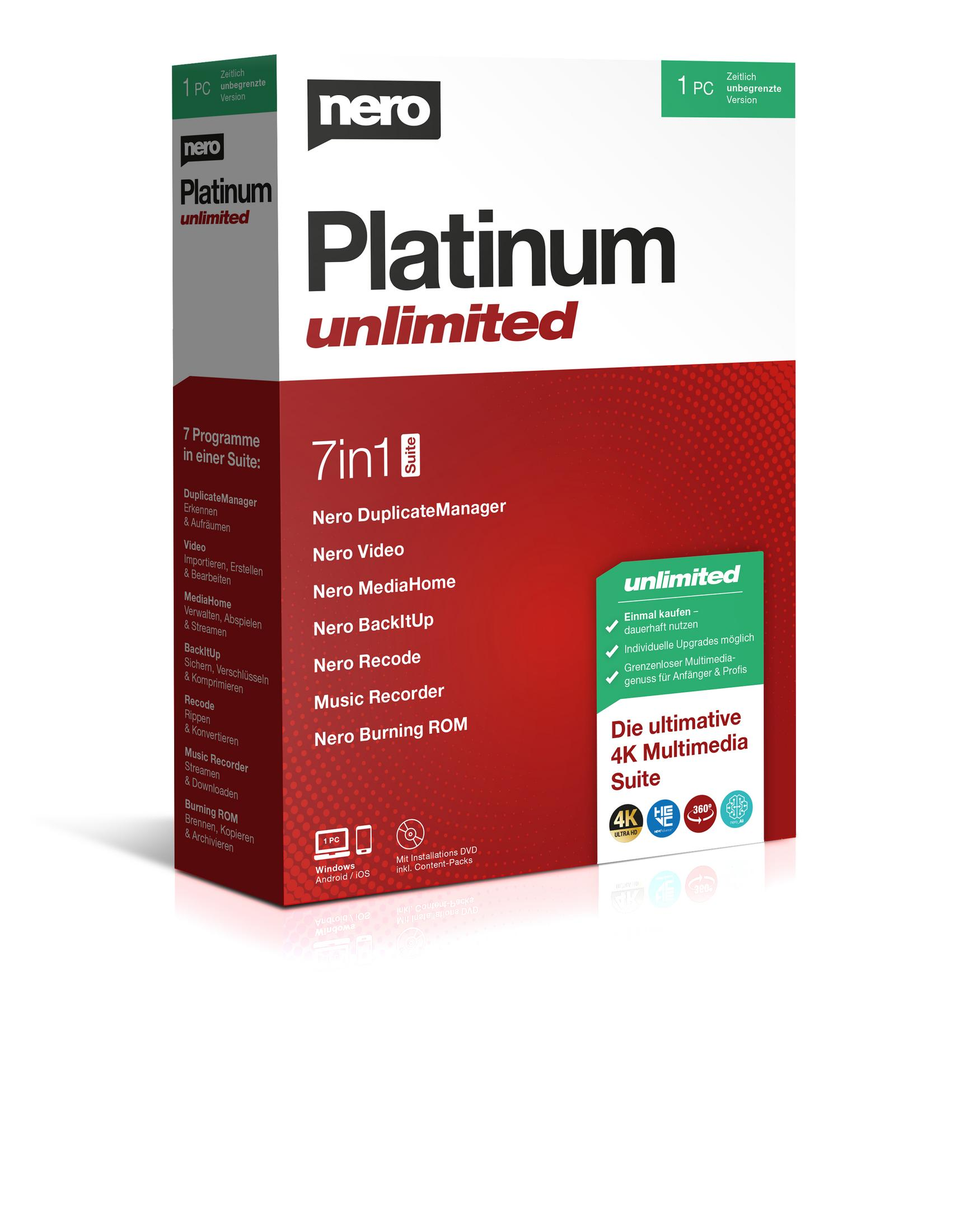Una scatola di gioco bianca con l'etichetta 'Nero Platinum unlimited'. Contiene programmi per video, musica e dati.